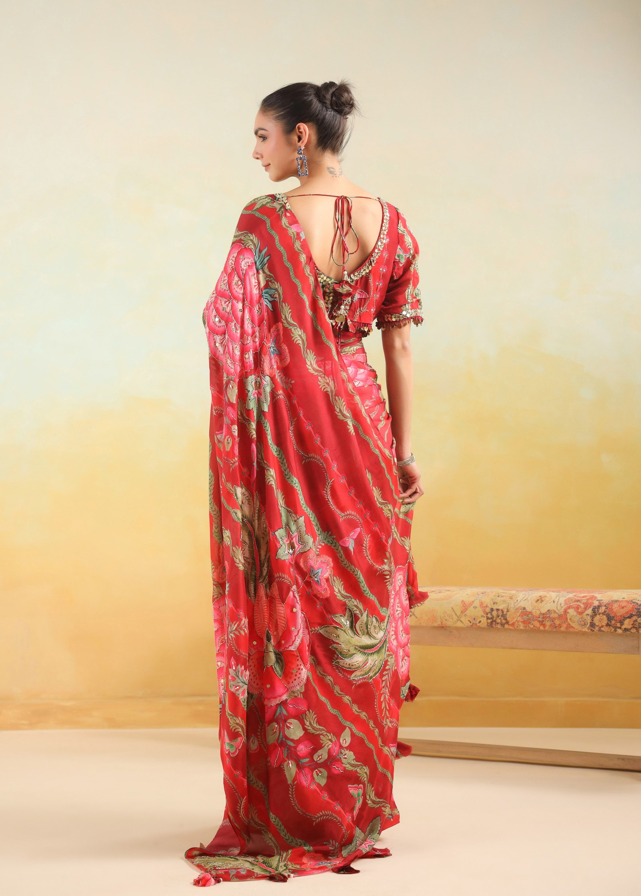 Vibrant Red Printed Chinon Silk Saree