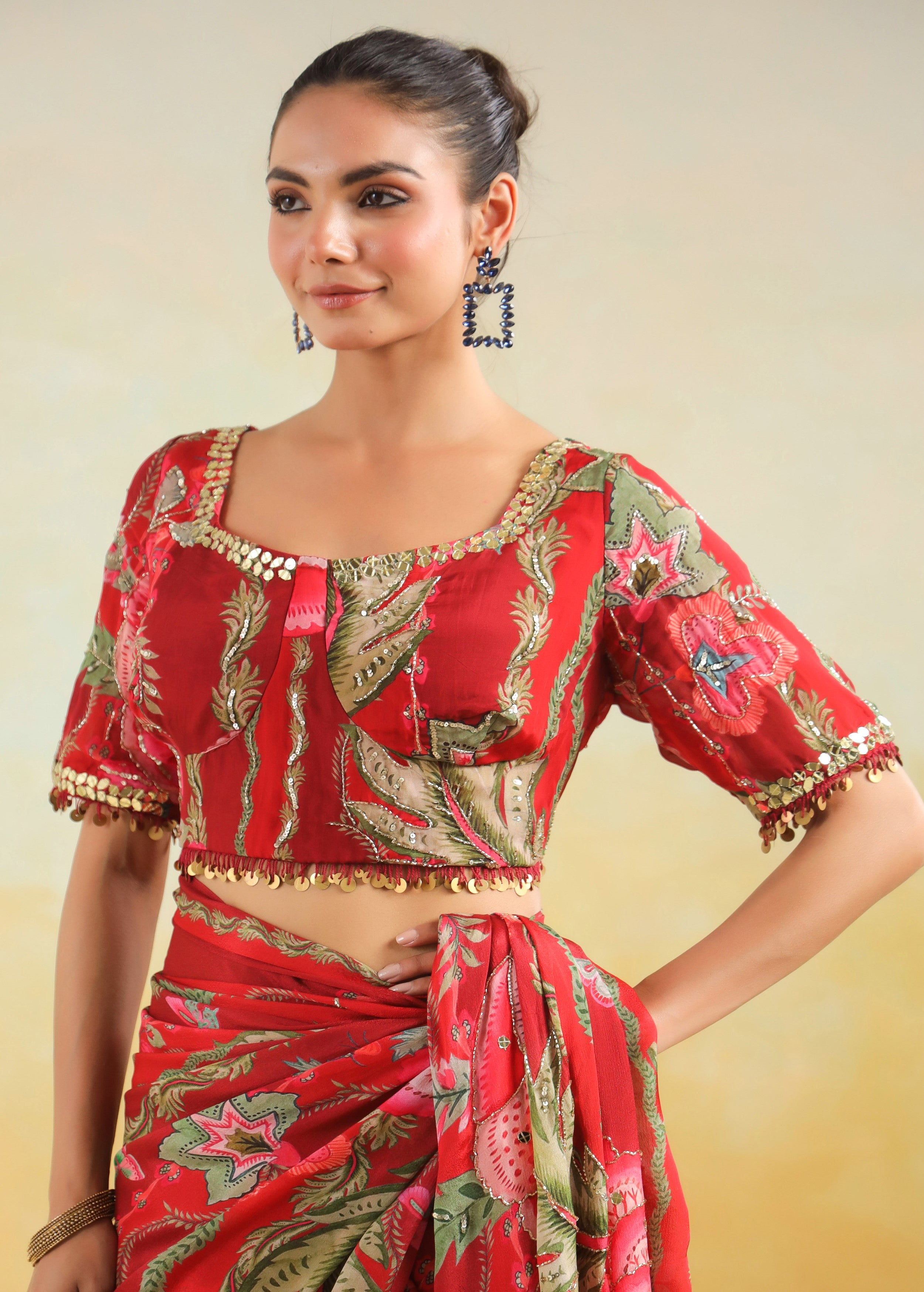Vibrant Red Printed Chinon Silk Saree