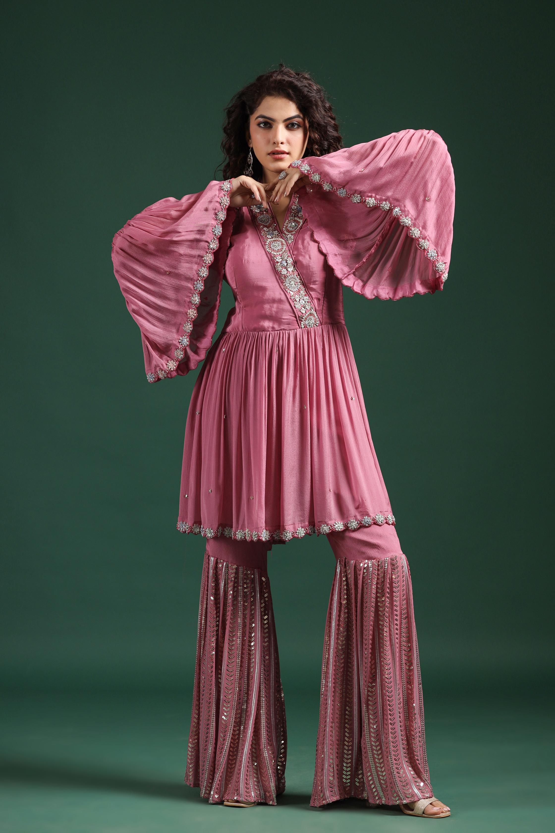 French Pink Embellished Premium Silk Sharara Set