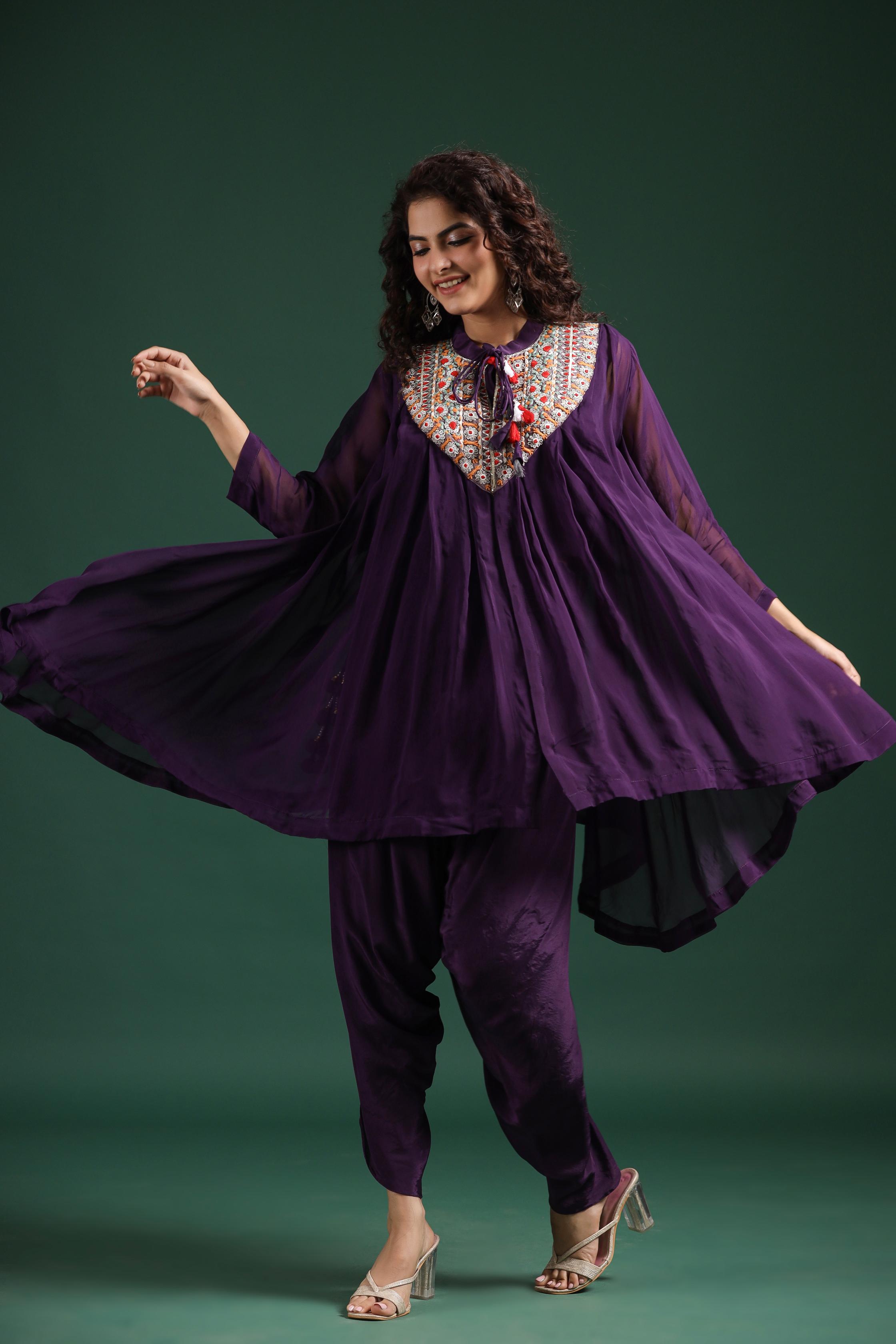 Purple Embroidered Tunic With Dhoti Pants