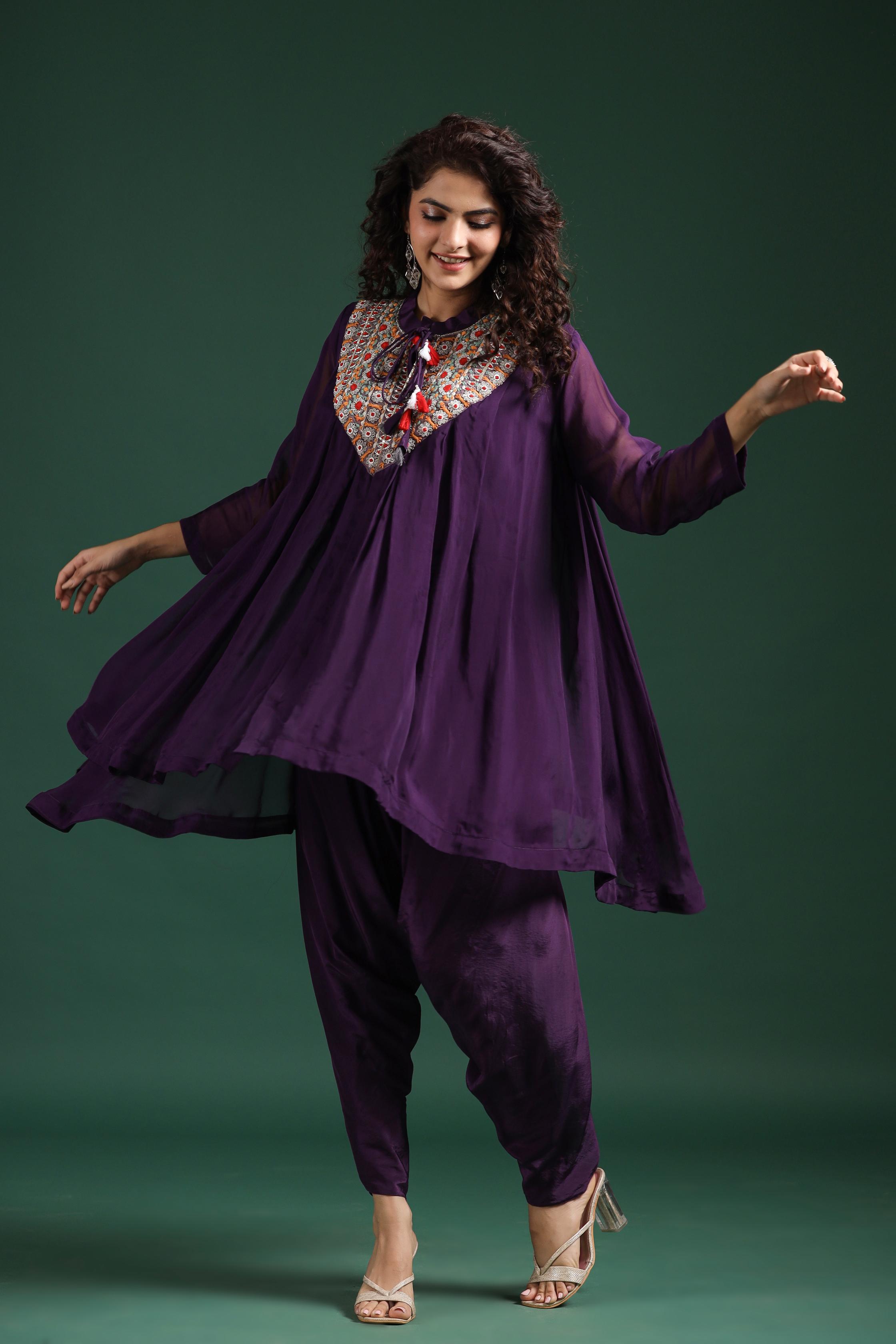 Purple Embroidered Tunic With Dhoti Pants