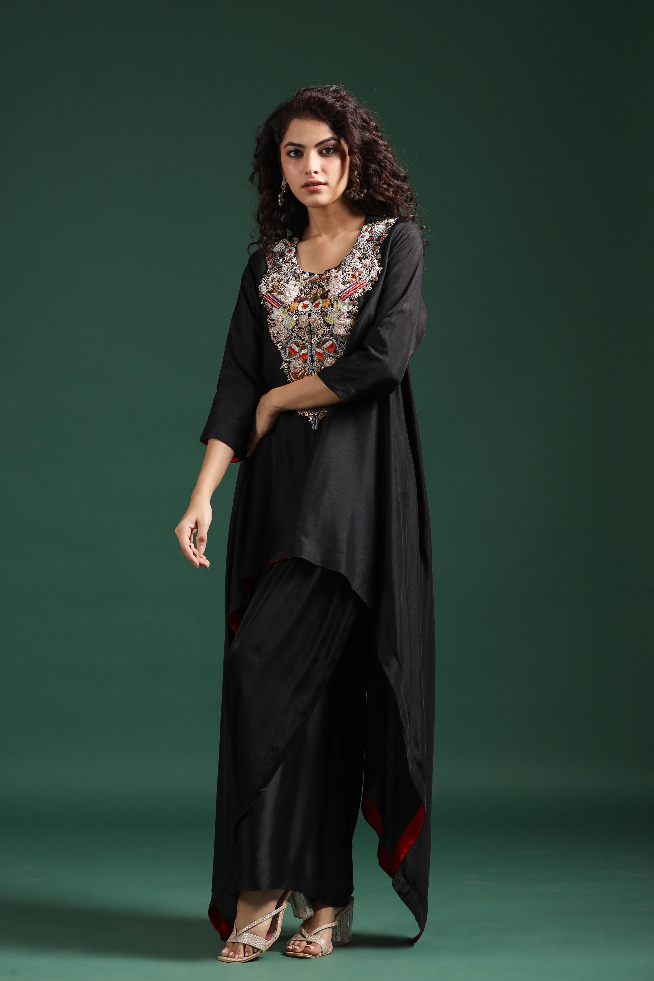 Black Embroidered Premium Silk Skirt Set