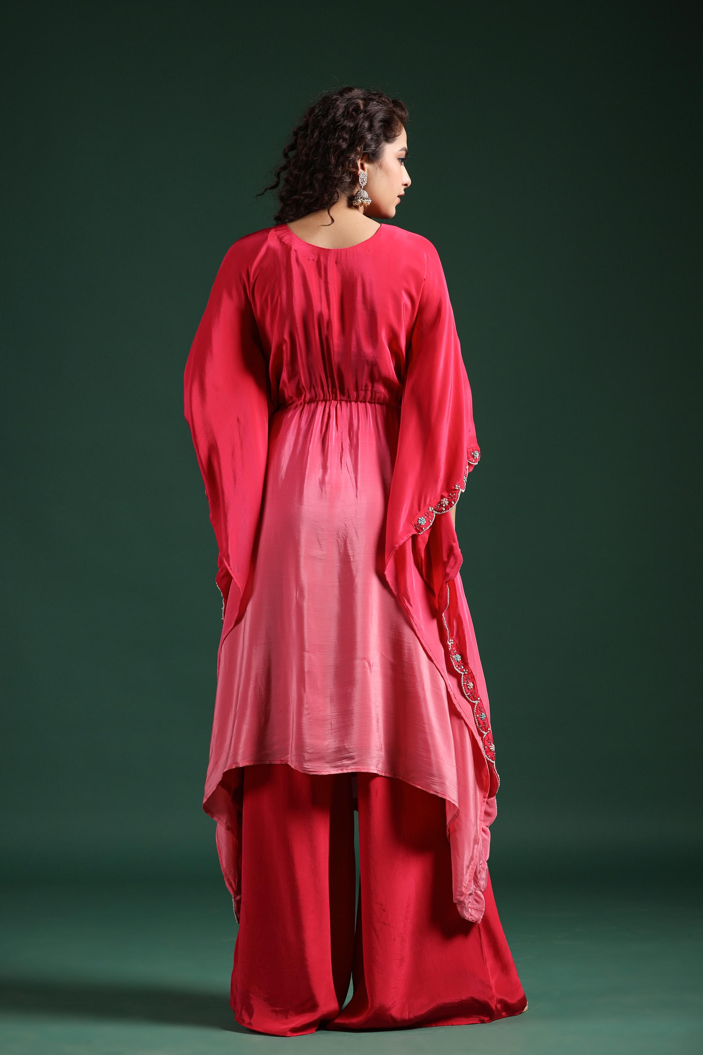 Pink Embellished Ombre Dyed Kaftan Palazzo Set