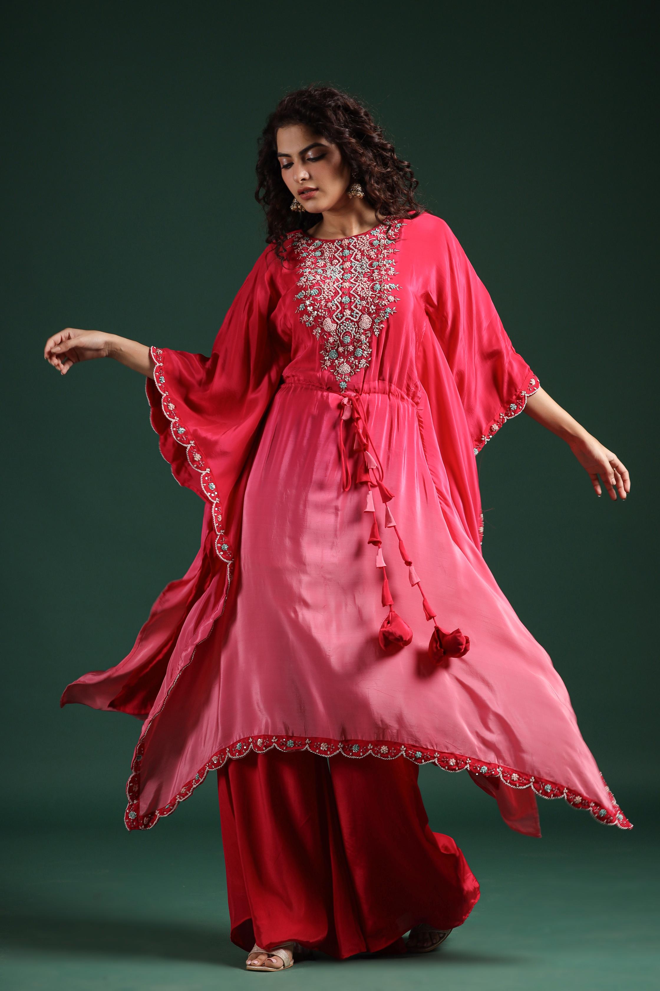 Pink Embellished Ombre Dyed Kaftan Palazzo Set