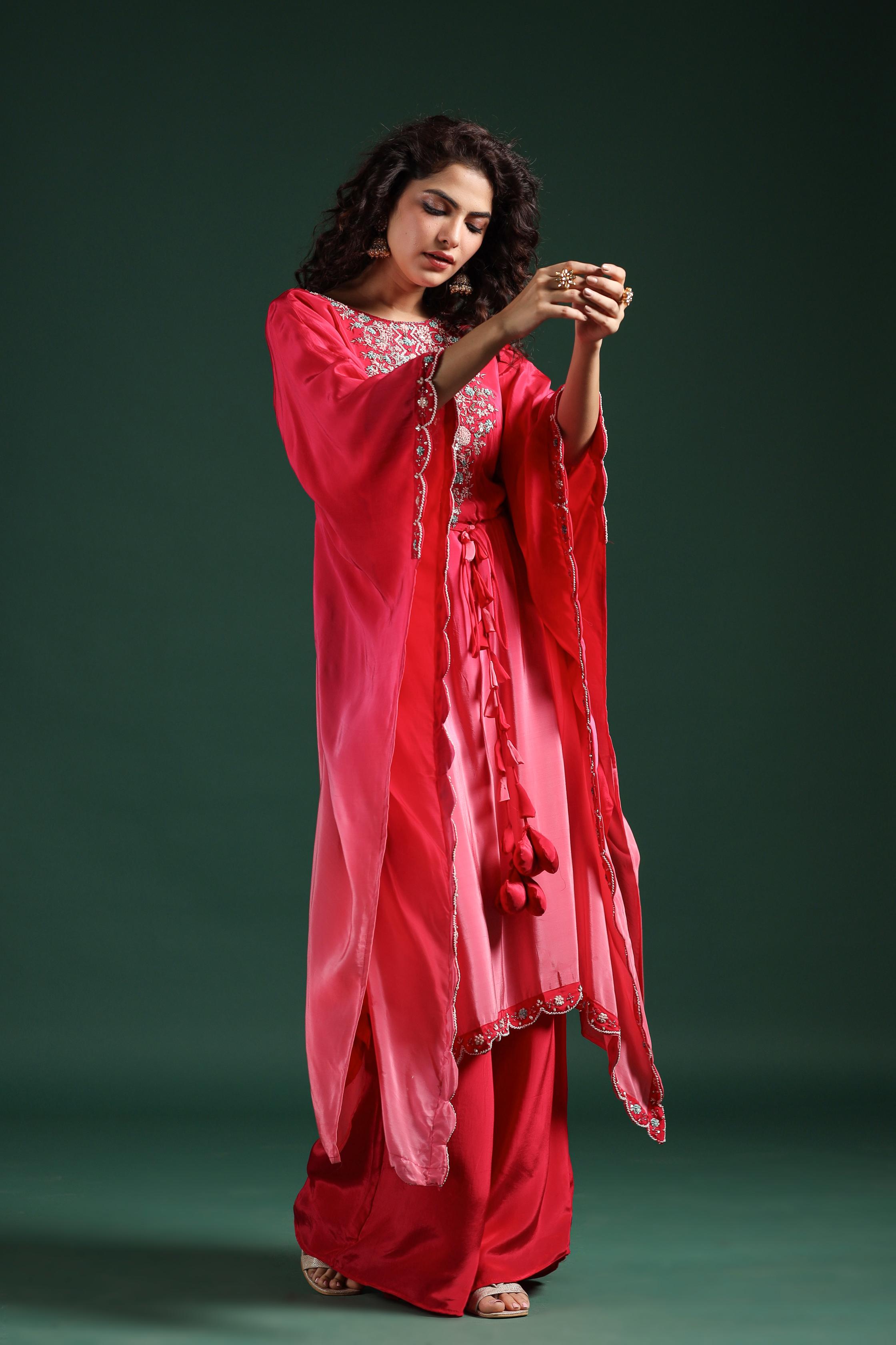 Pink Embellished Ombre Dyed Kaftan Palazzo Set