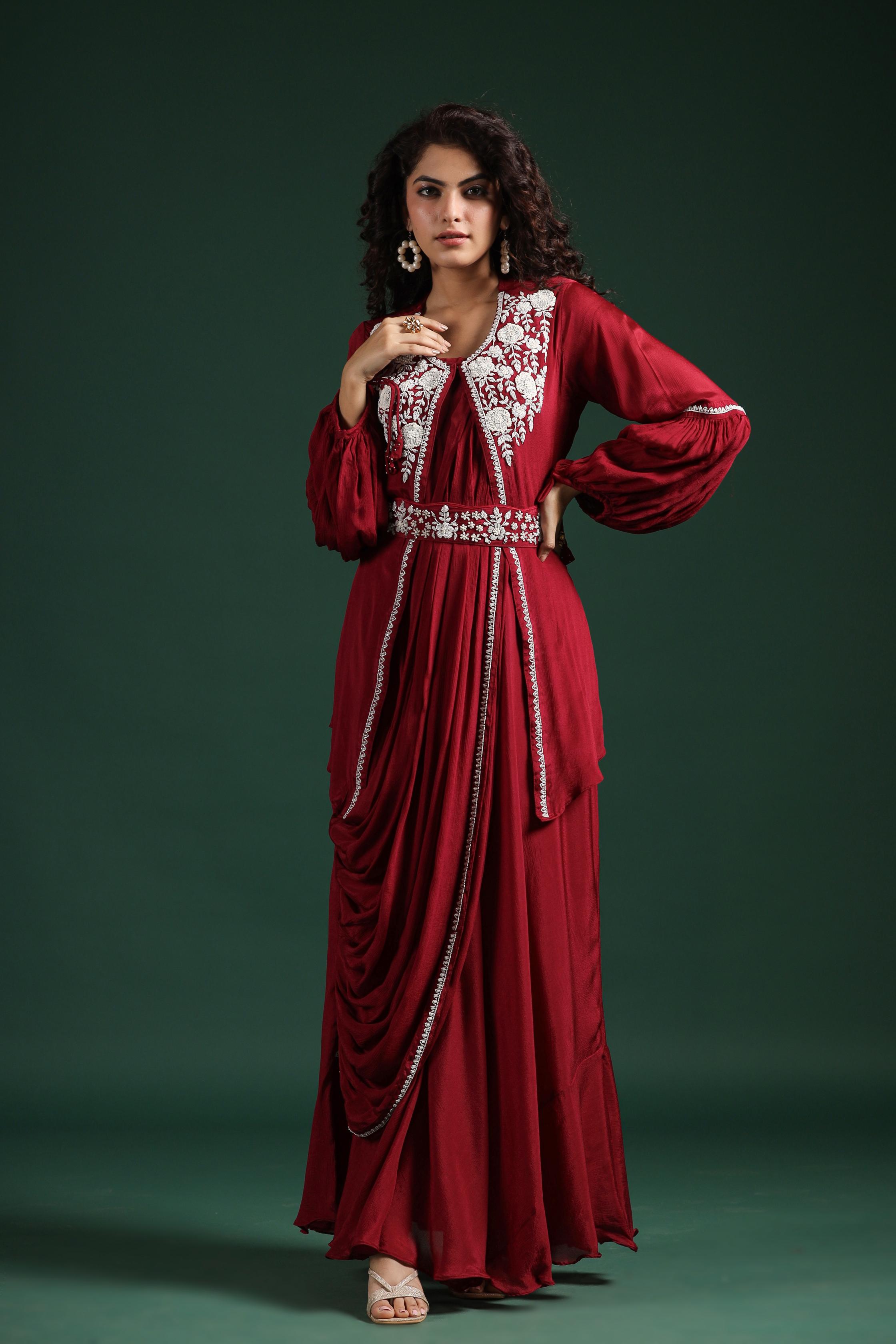 Maroon Embellished Draped Dress With Cape
