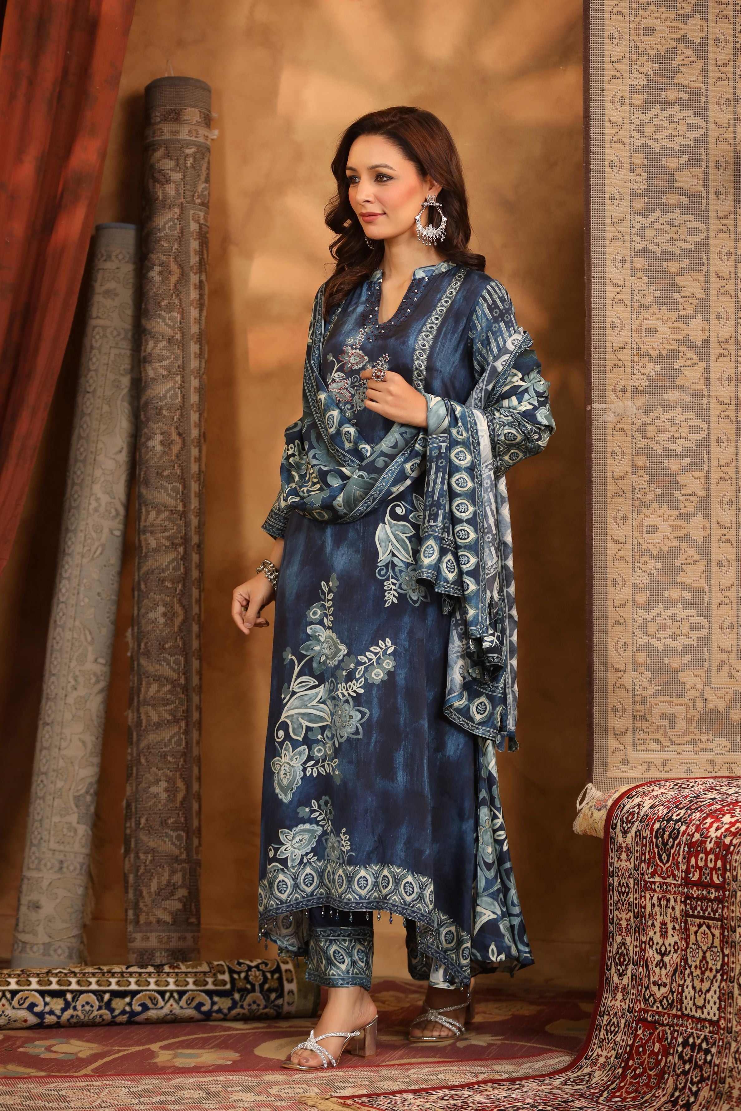 Blue Floral Printed Spanish Silk Pants Set