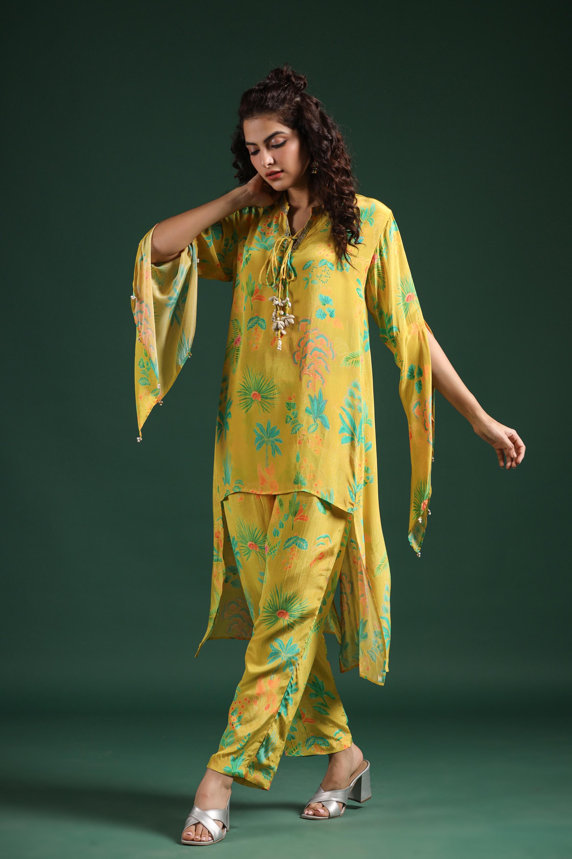 Lemon Yellow Digital Printed Muslin Silk Co-Ord Set