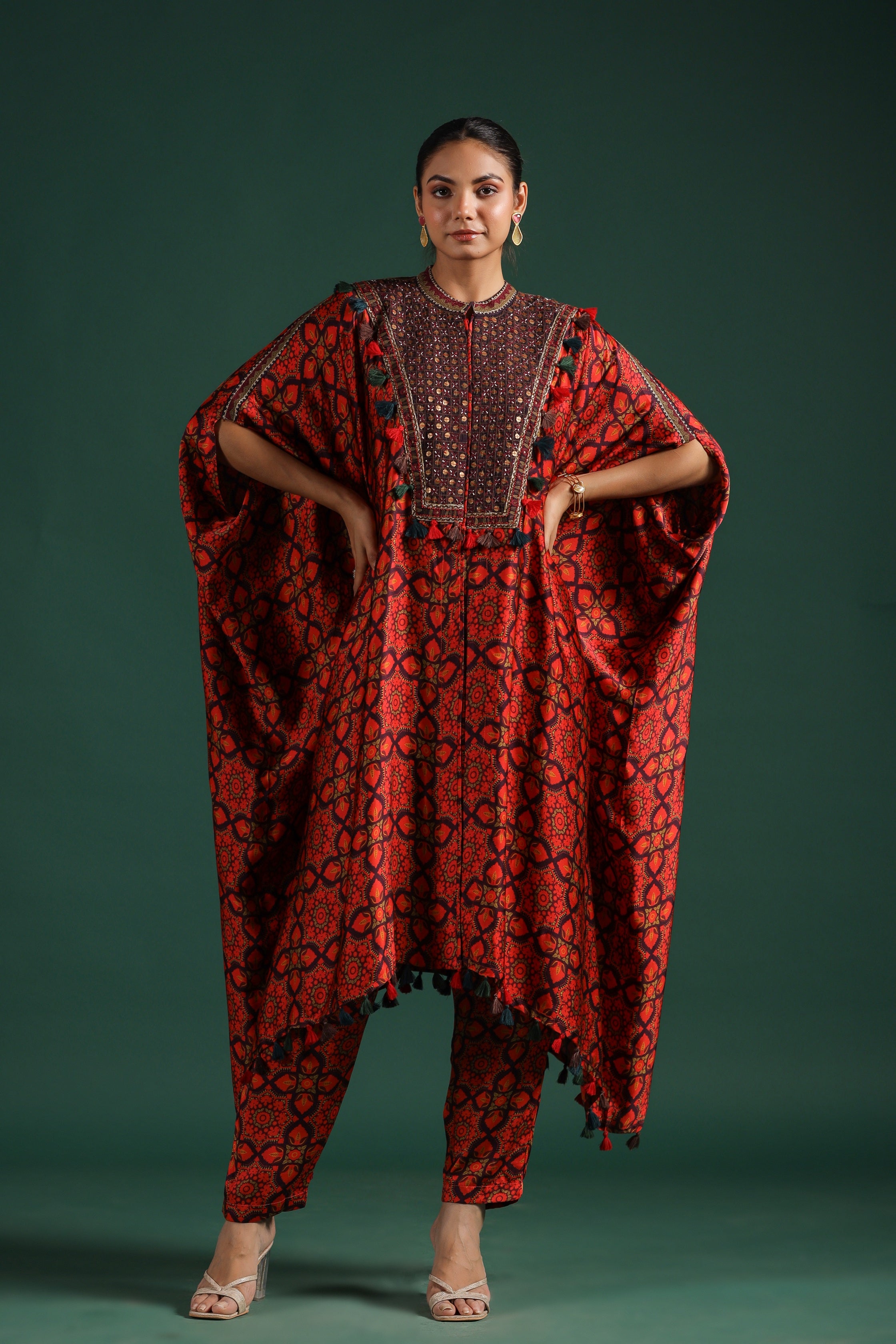 Rustic Red Traditional Printed Satin Silk Kaftan Set
