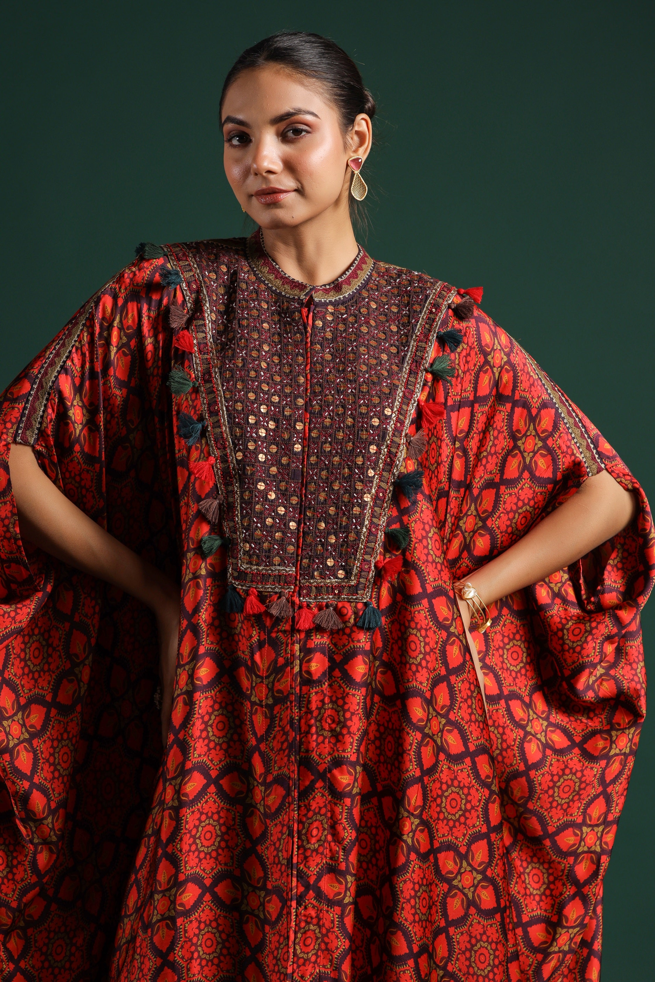 Rustic Red Traditional Printed Satin Silk Kaftan Set