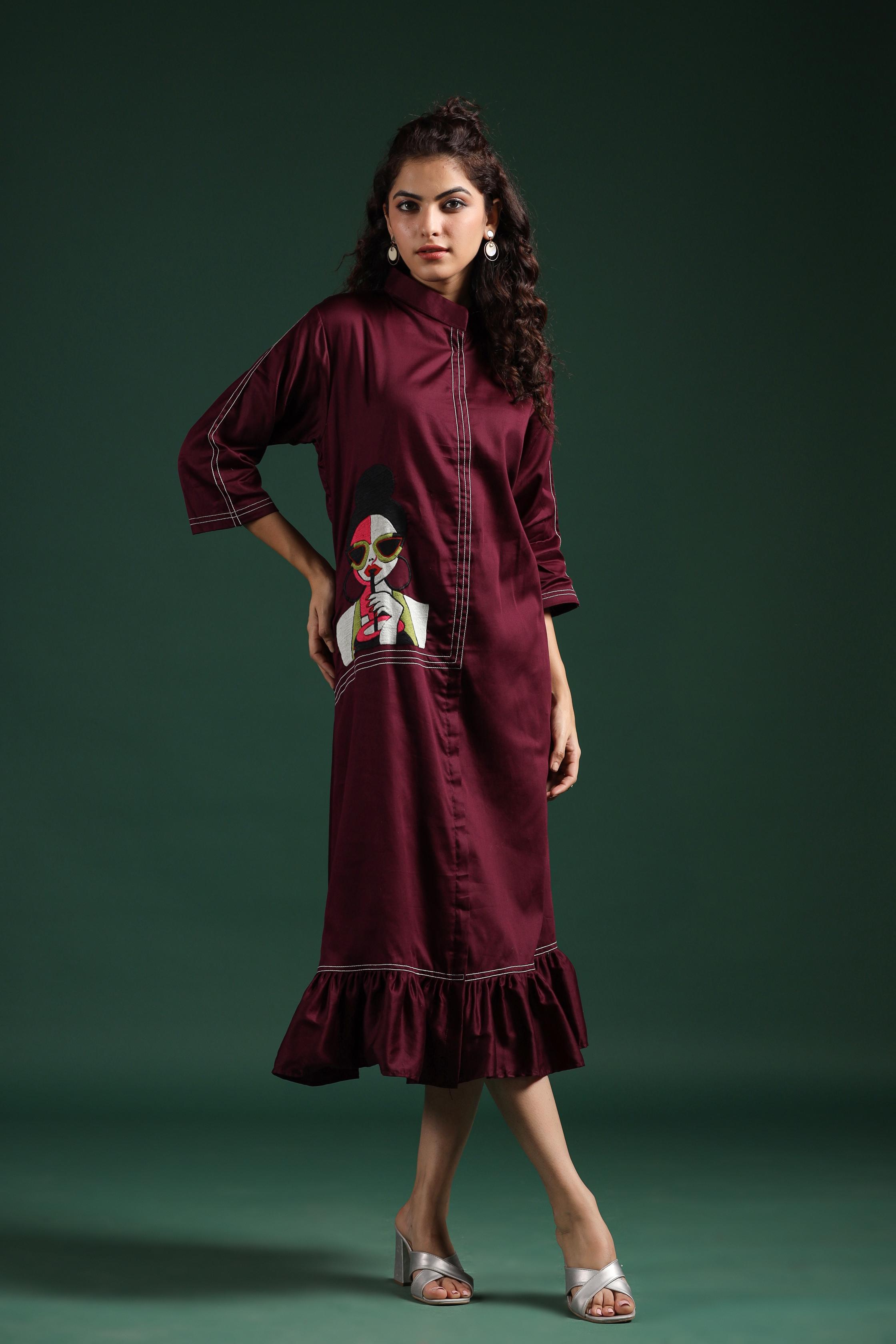 Wine Embroidered Spanish Silk Dress