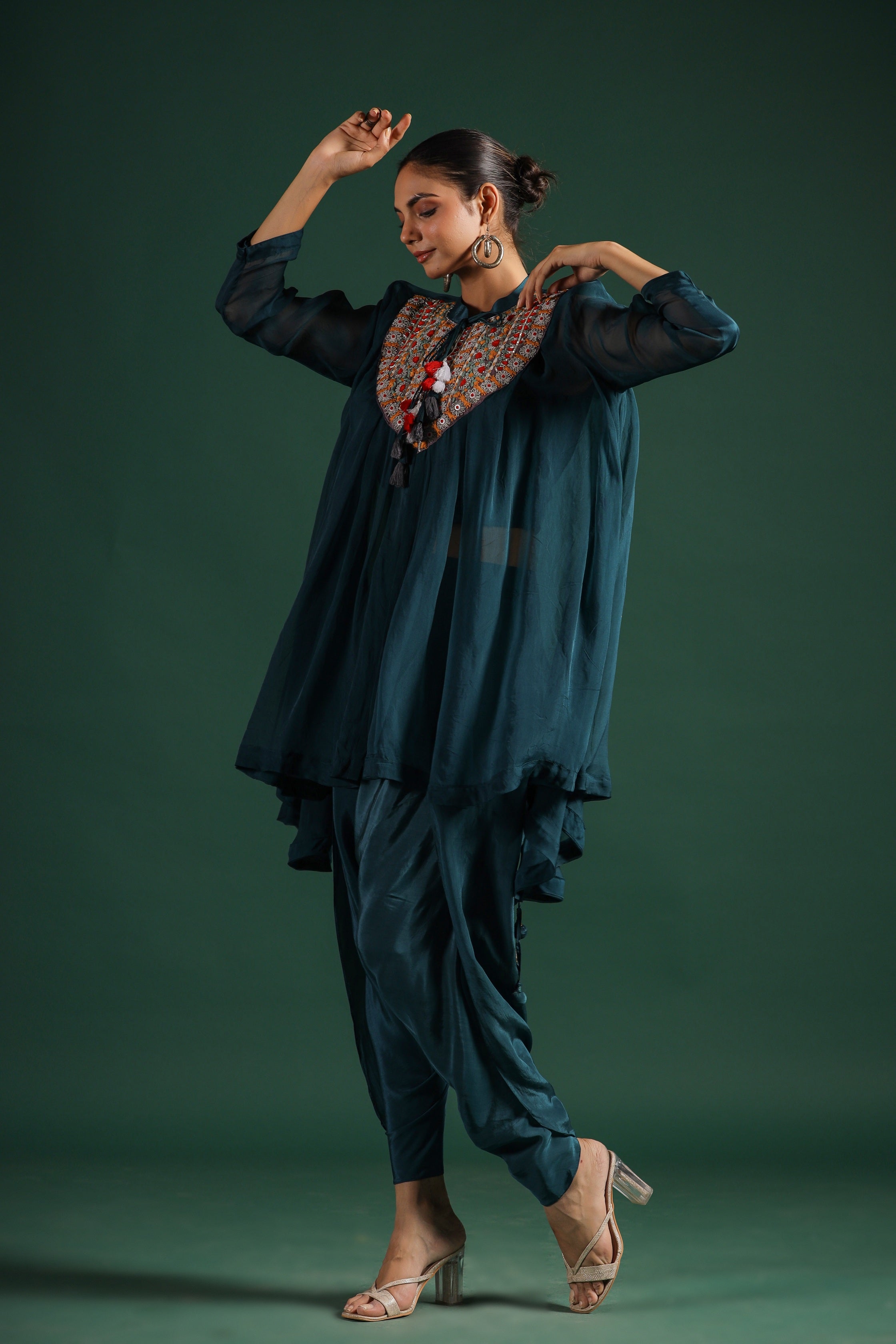 Teal Blue Embroidered Tunic With Dhoti Pants