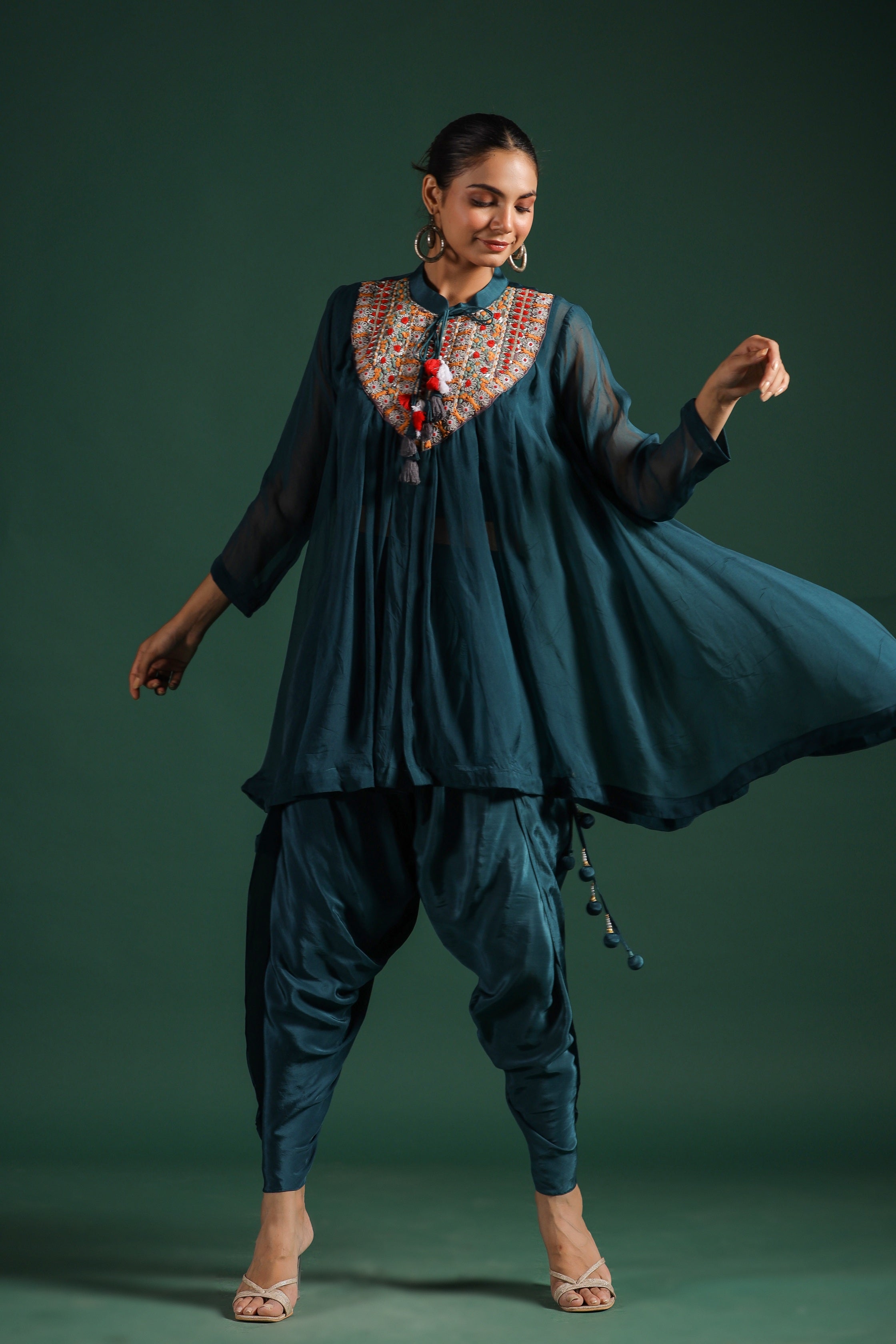 Teal Blue Embroidered Tunic With Dhoti Pants
