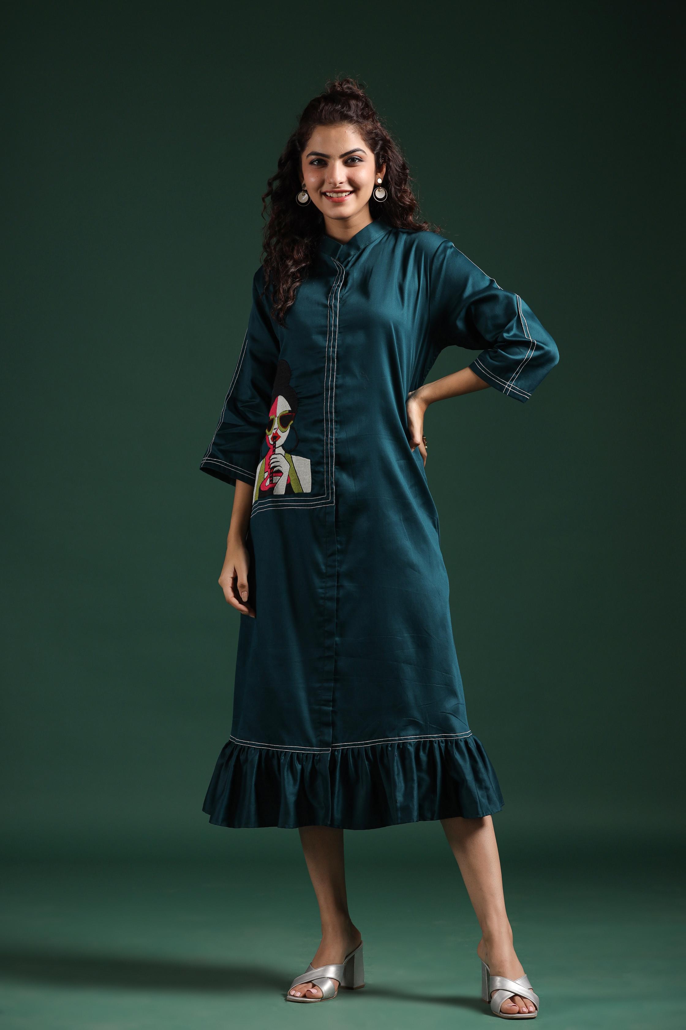 Teal Green Embroidered Spanish Silk Dress