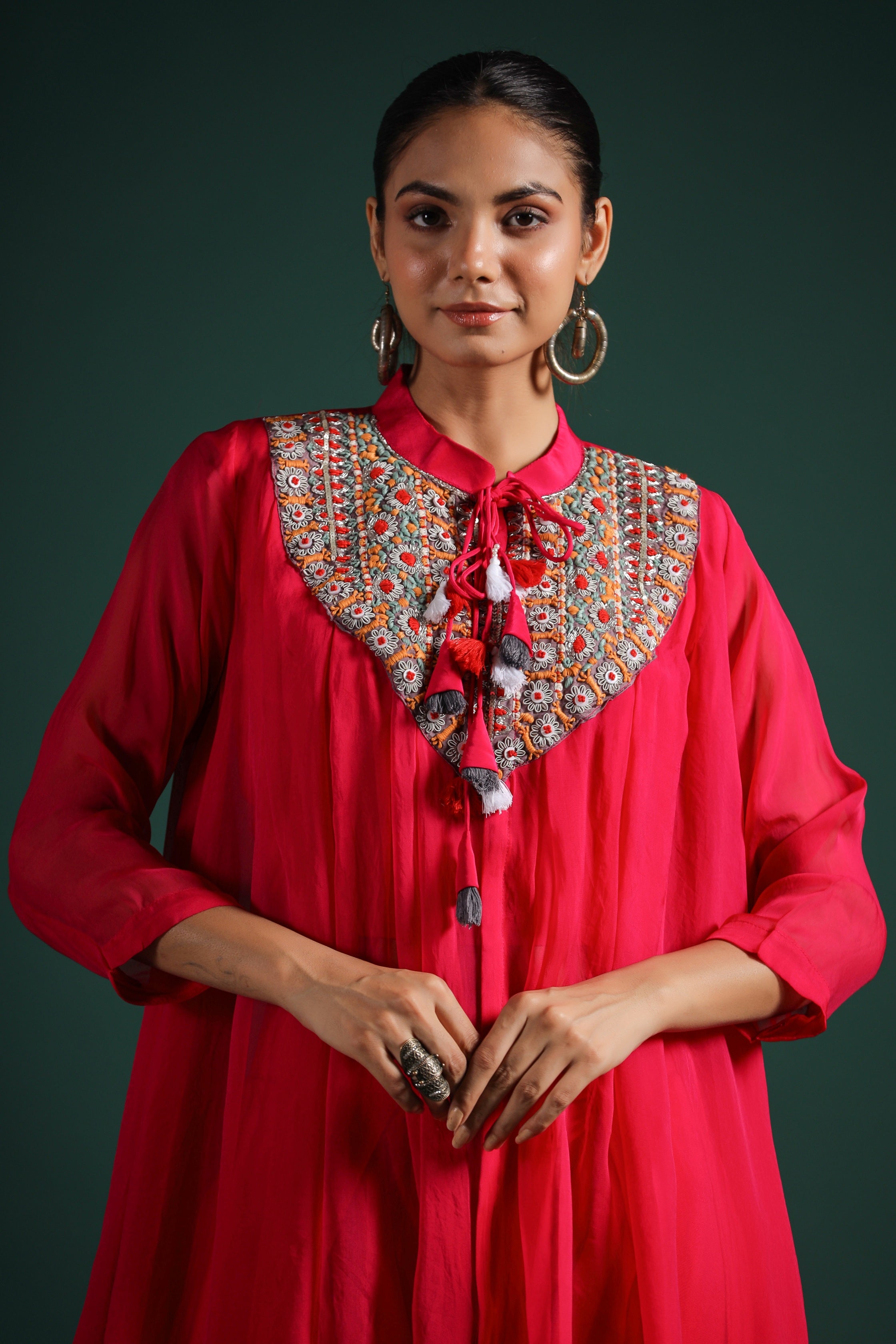Crimson Red Embroidered Tunic With Dhoti Pants