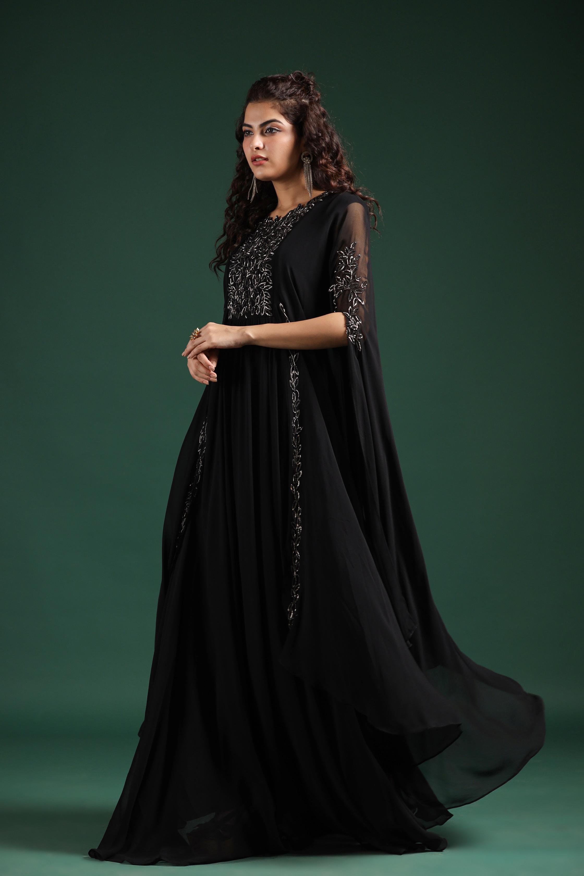 Black Embellished Crystal Georgette Silk Cape Gown