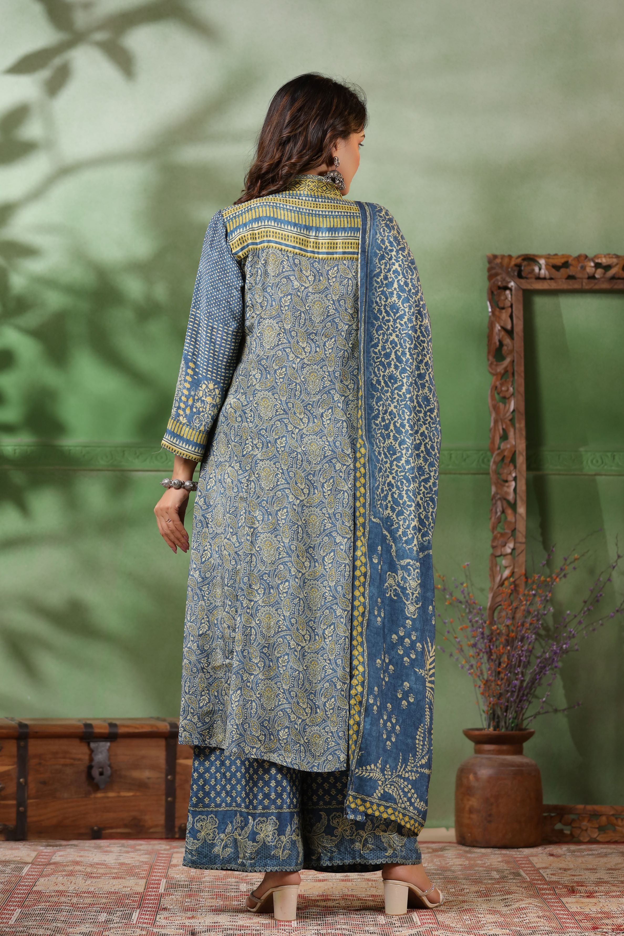 Blue Traditional Printed Muslin Silk Palazzo Set