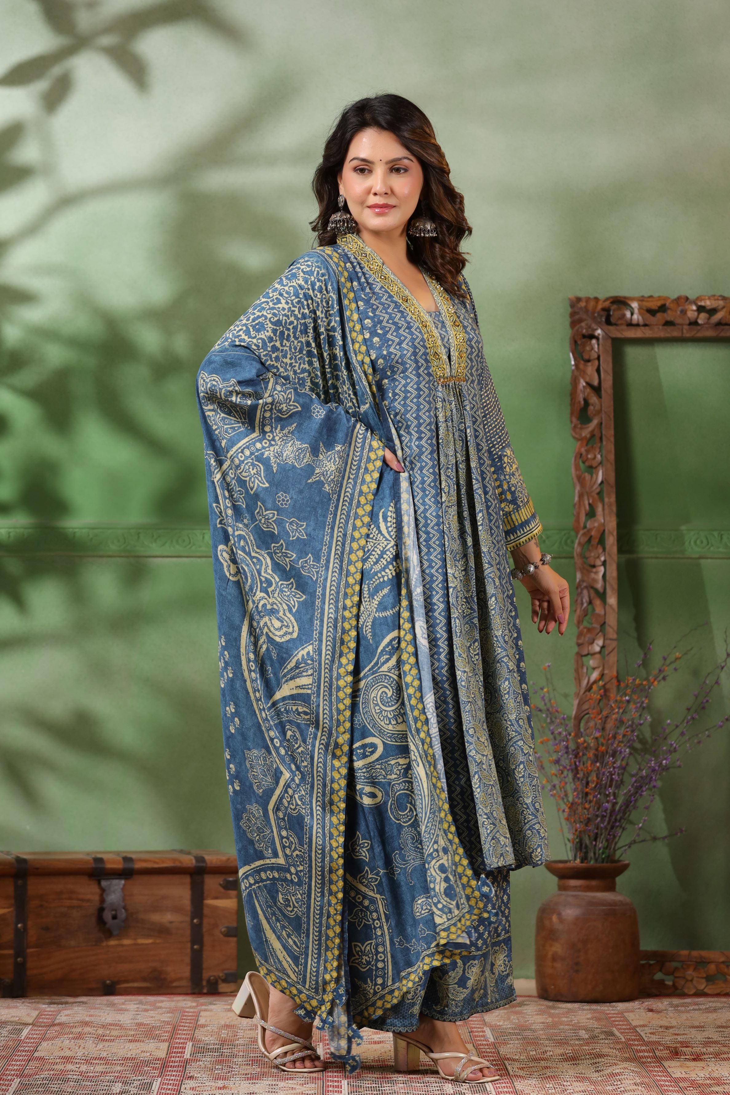 Blue Traditional Printed Muslin Silk Palazzo Set