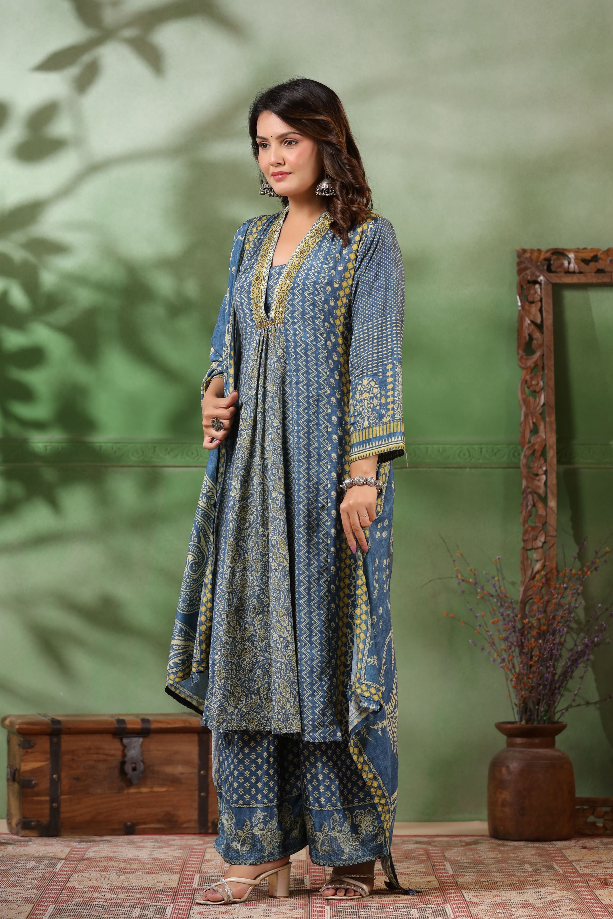 Blue Traditional Printed Muslin Silk Palazzo Set