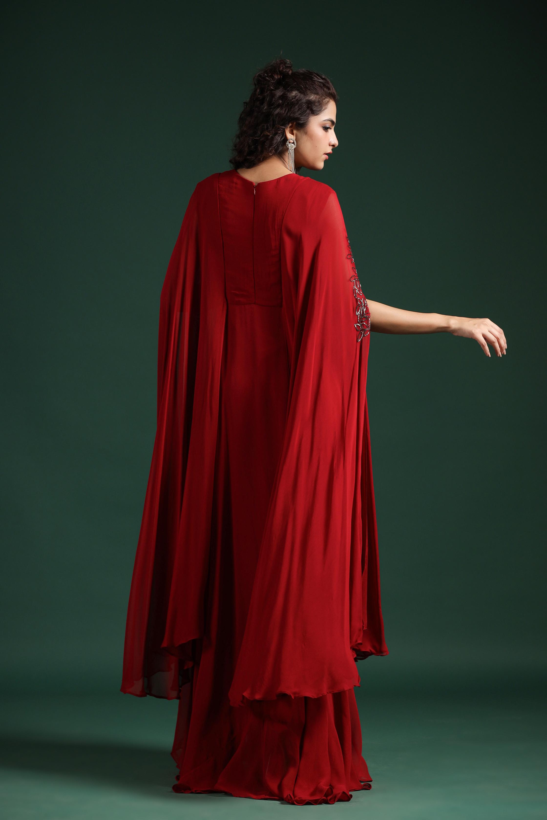 Carmine Red Embellished Crystal Georgette Silk Cape Gown
