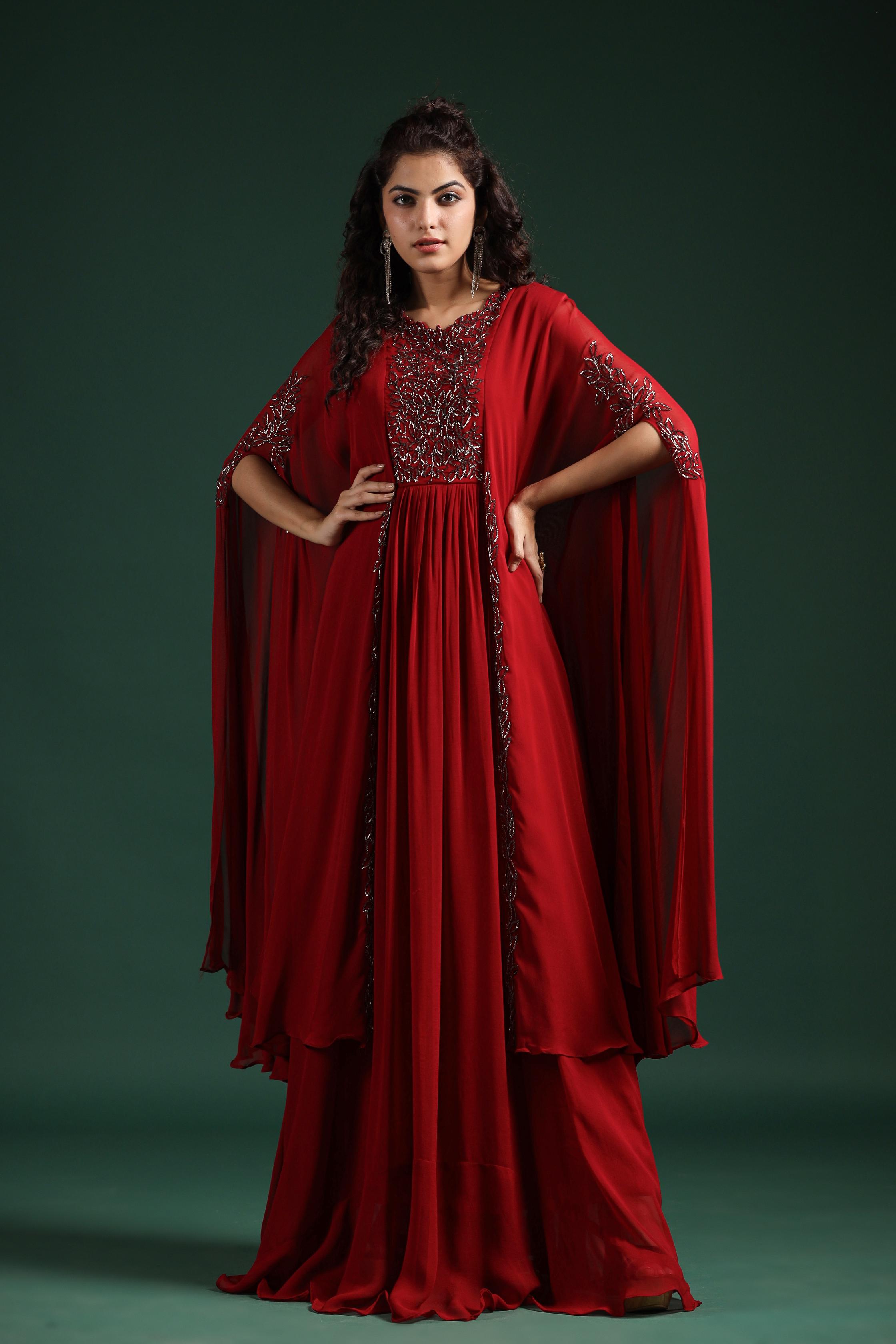 Carmine Red Embellished Crystal Georgette Silk Cape Gown