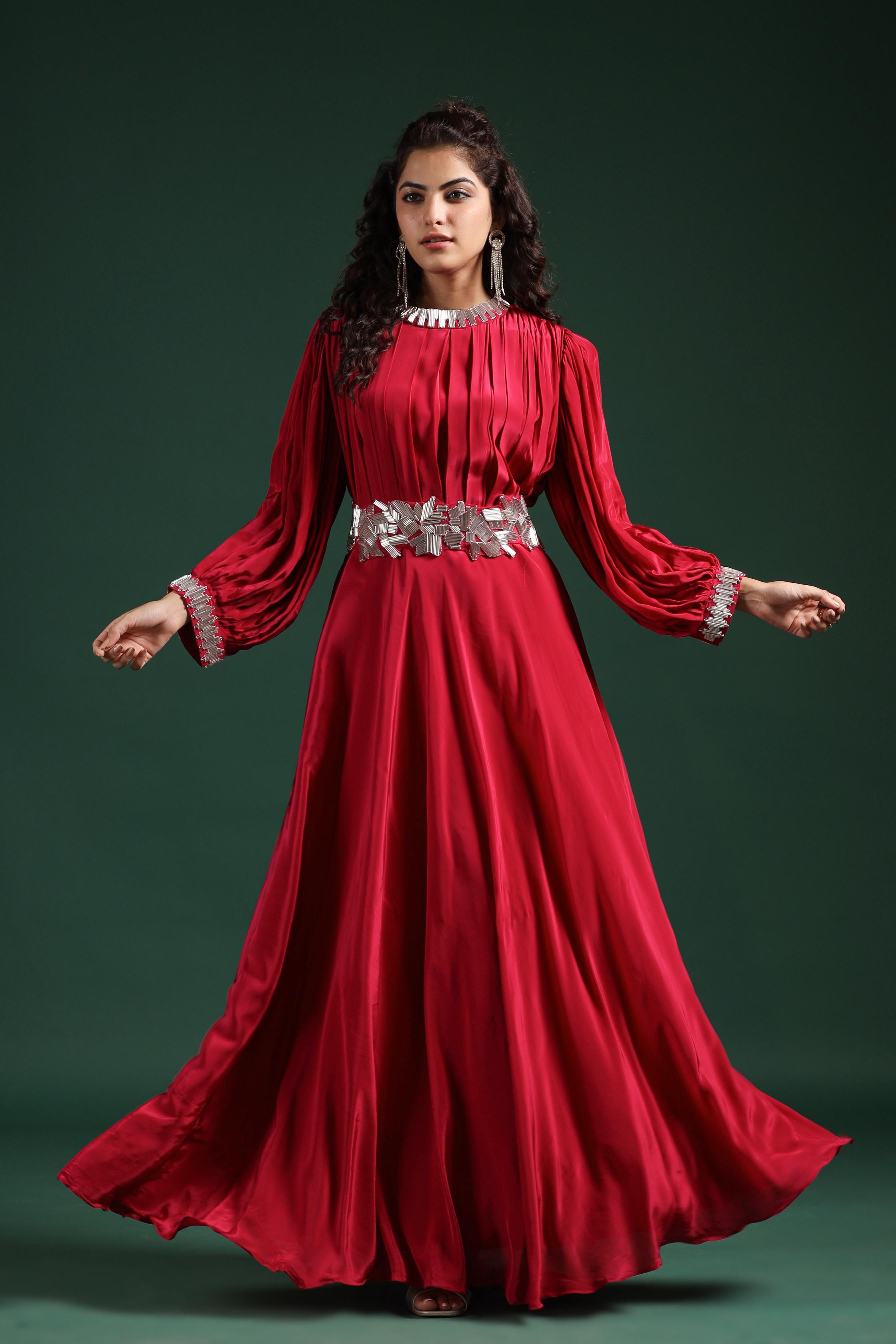 Red Embellished Viscose Liva A-Line Maxi Dress-100598