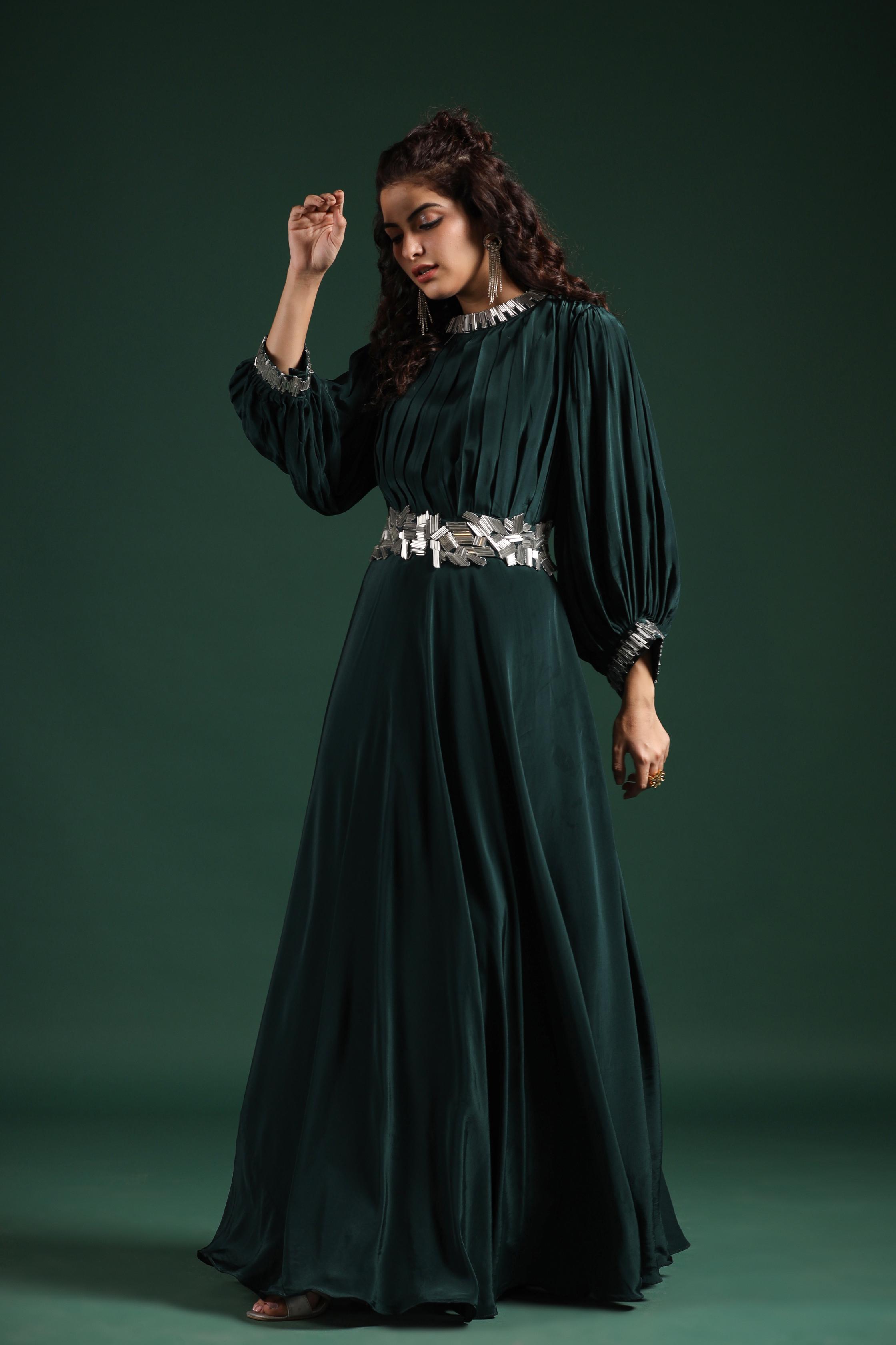 Dark Teal Embellished Mulberry Silk Gown