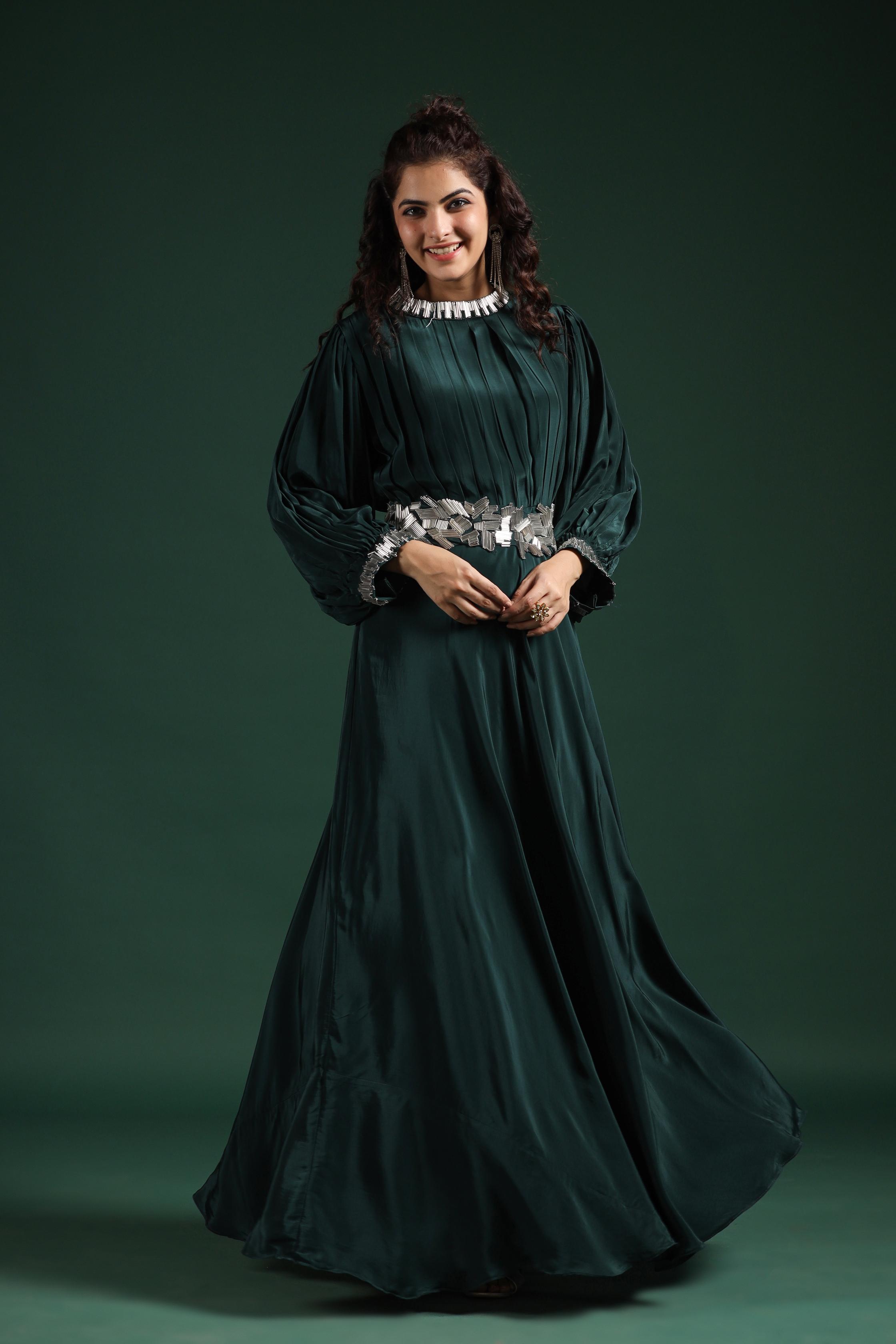 Dark Teal Embellished Mulberry Silk Gown