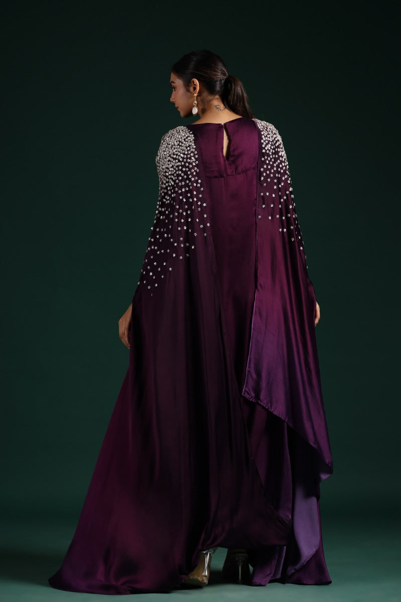 Wine Embellished Draped Gown