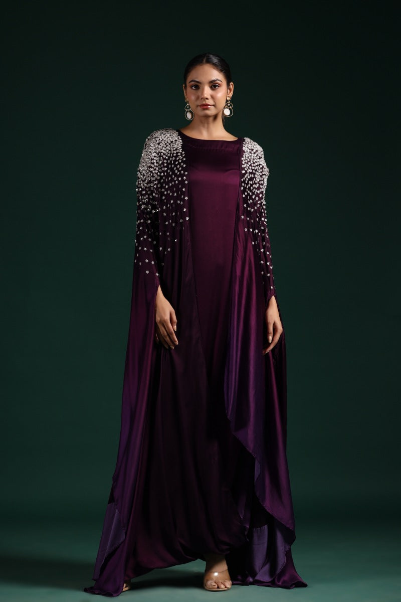 Wine Embellished Draped Gown