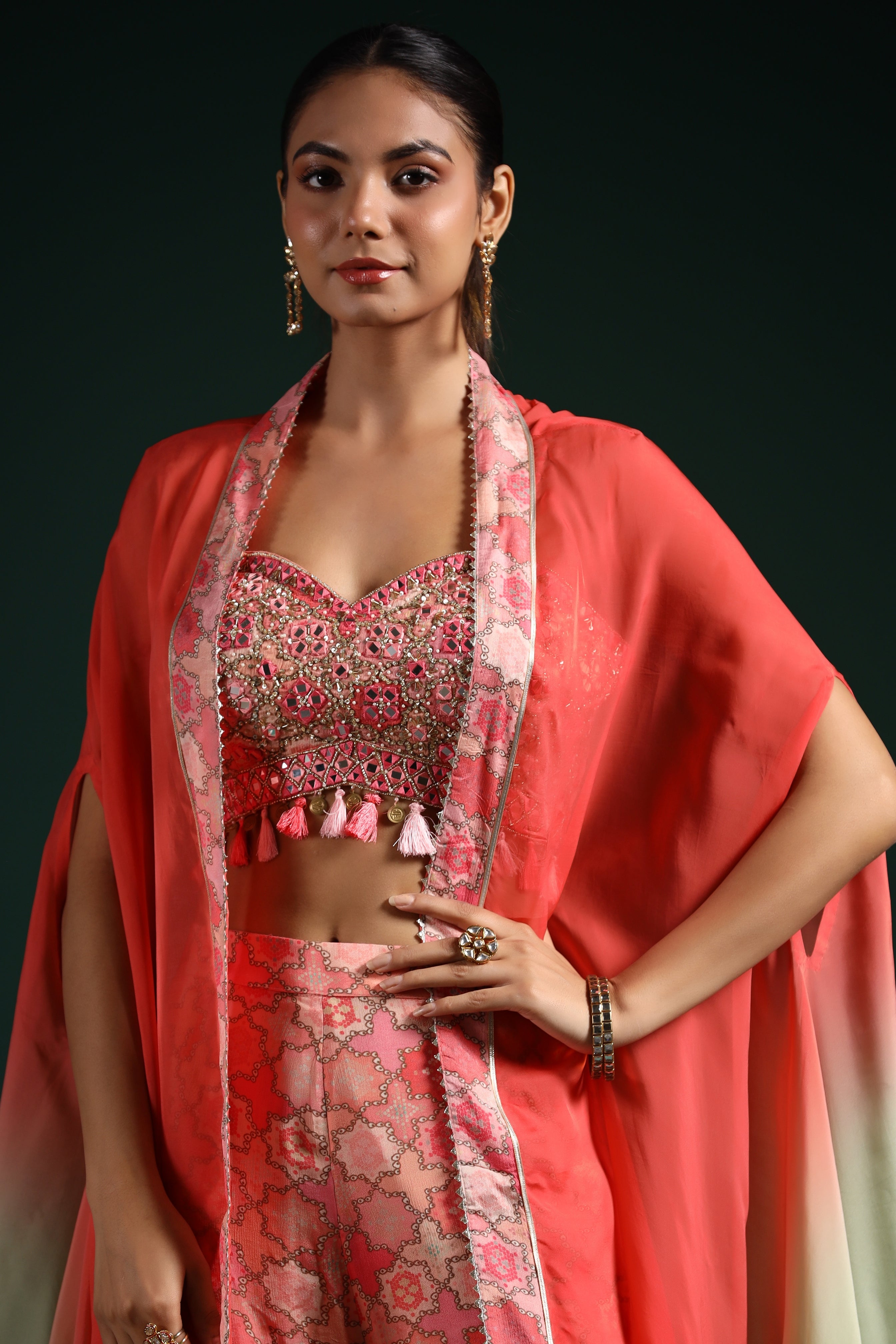Coral Pink Embellished Organza Silk Cape Set