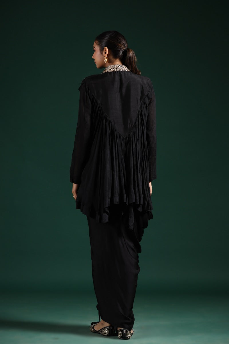 Black Gota Embroidered Chinon Silk Draped Skirt & Top