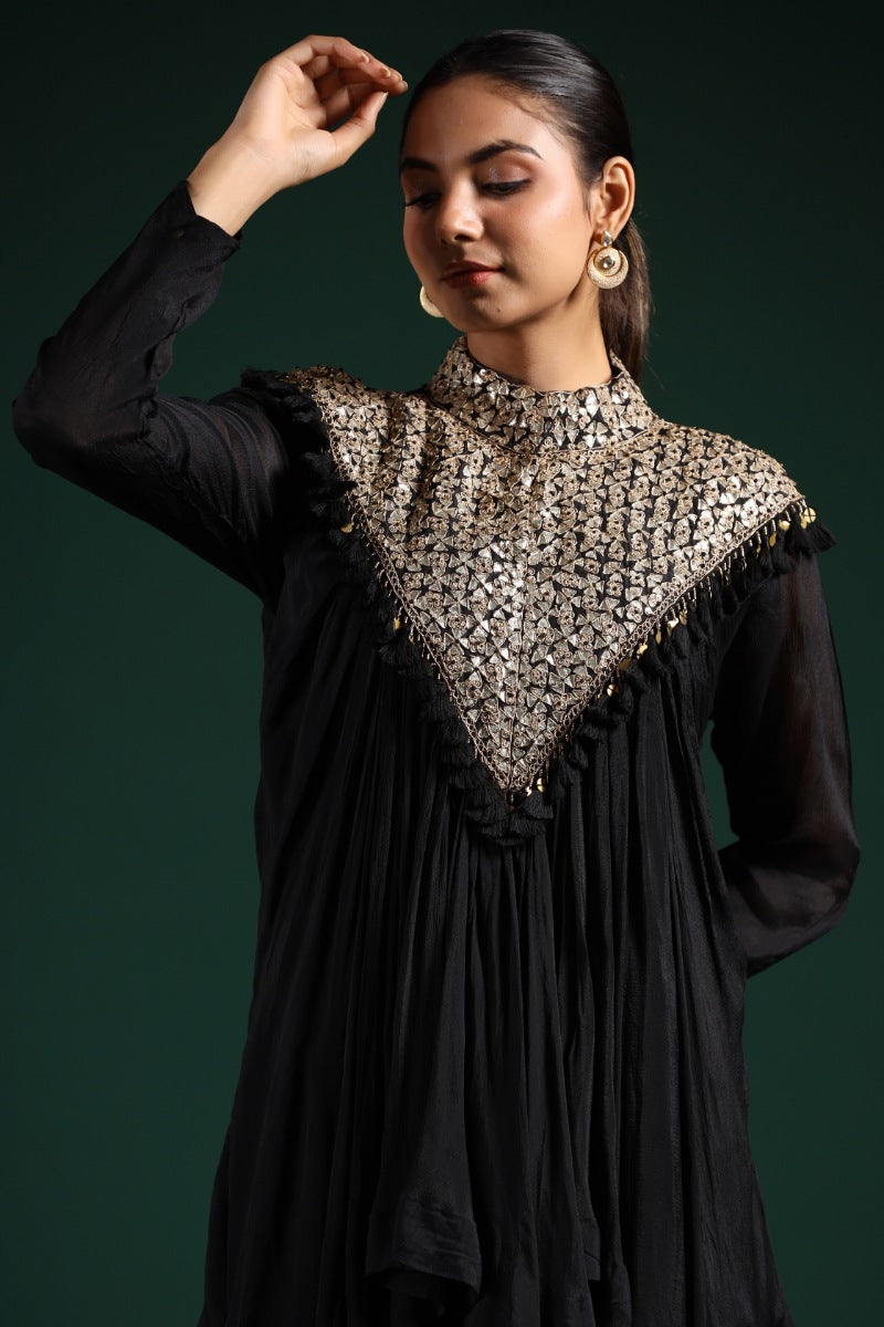 Black Gota Embroidered Chinon Silk Draped Skirt & Top