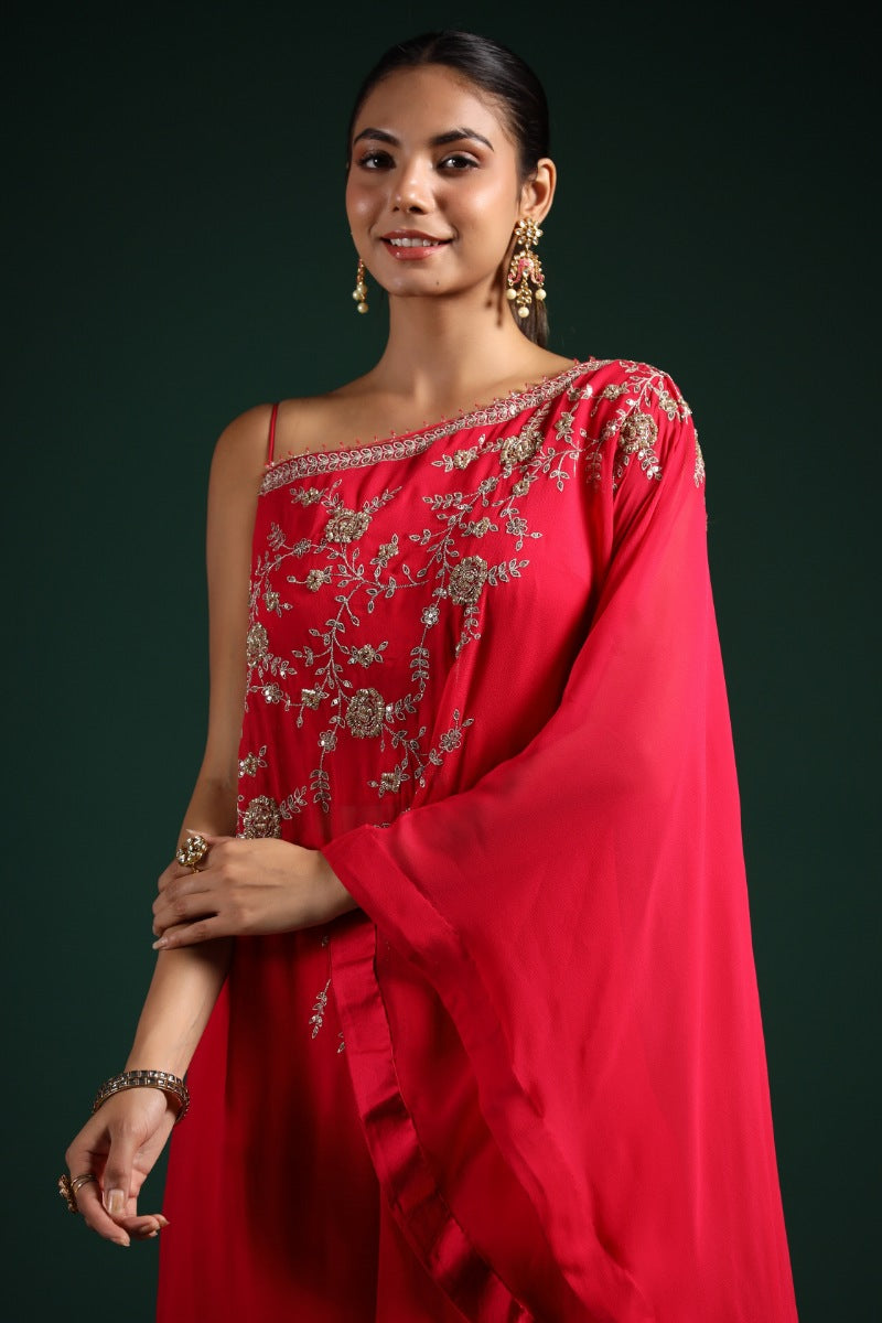 Crimson Red Embellished Swiss Georgette Palazzo Set