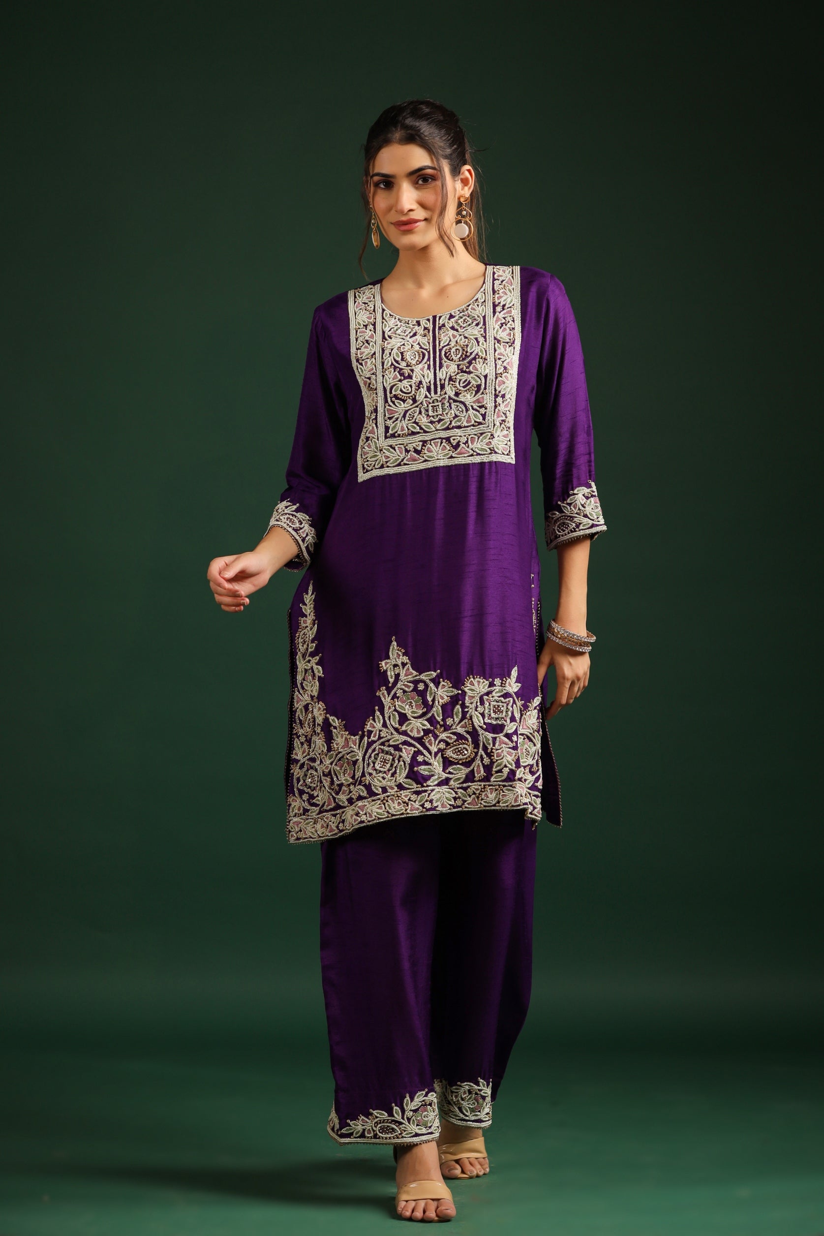 Violet Embellished Dola Silk Palazzo Set