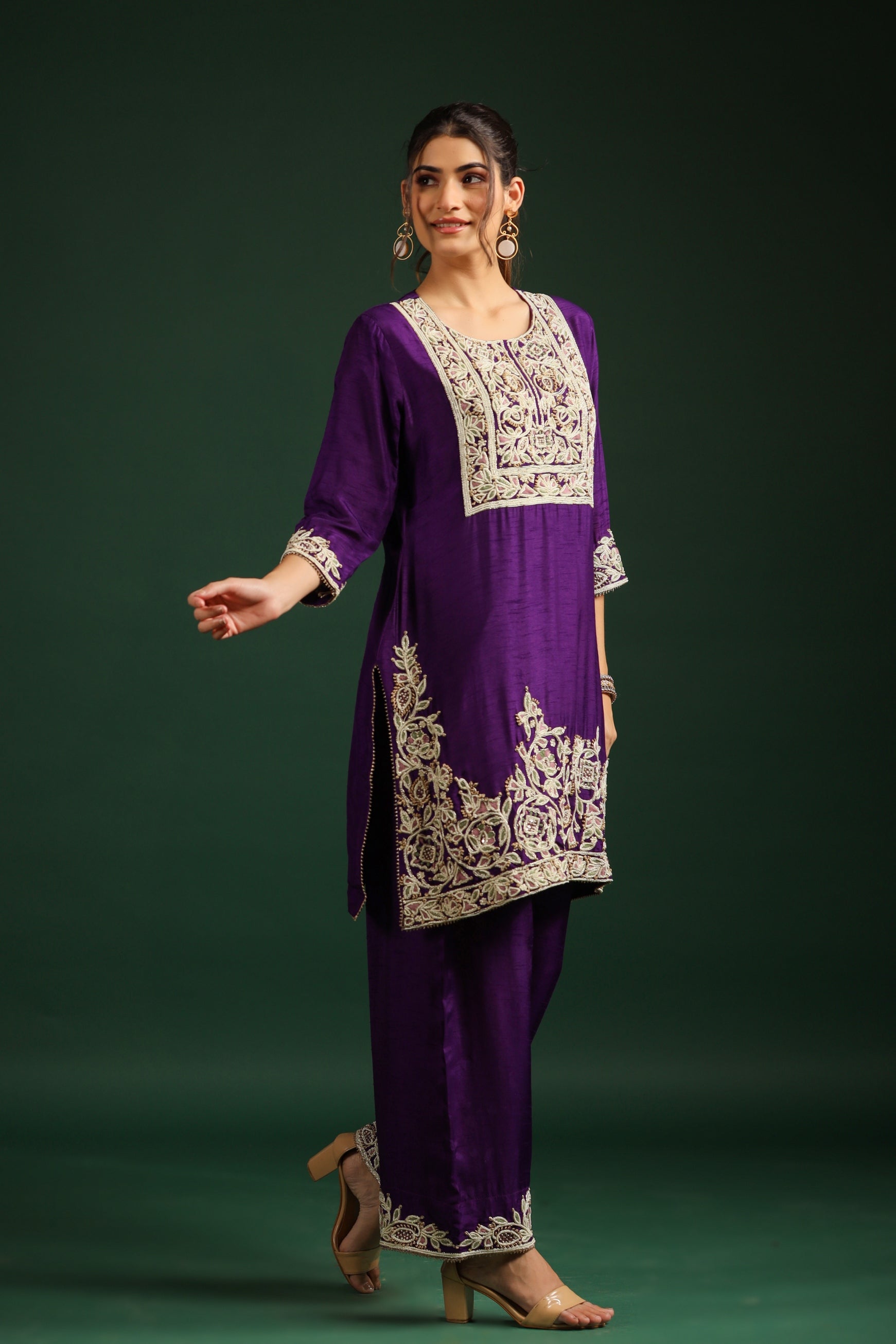 Violet Embellished Dola Silk Palazzo Set