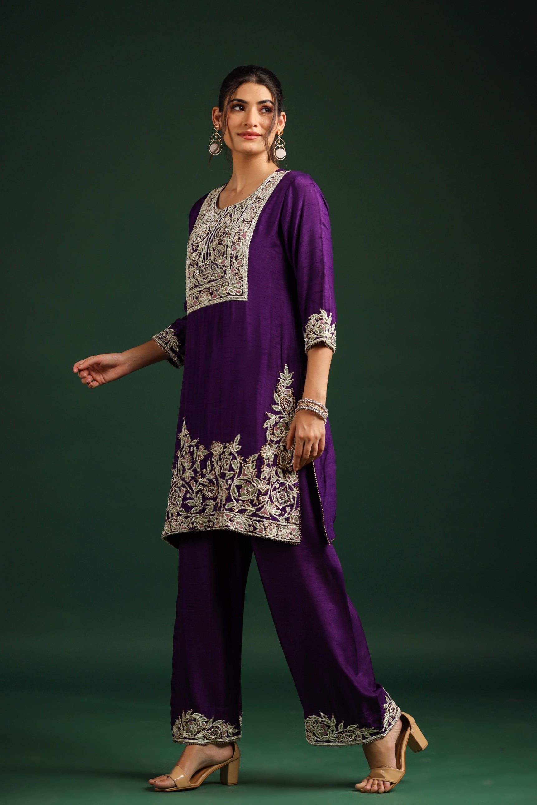 Violet Embellished Dola Silk Palazzo Set