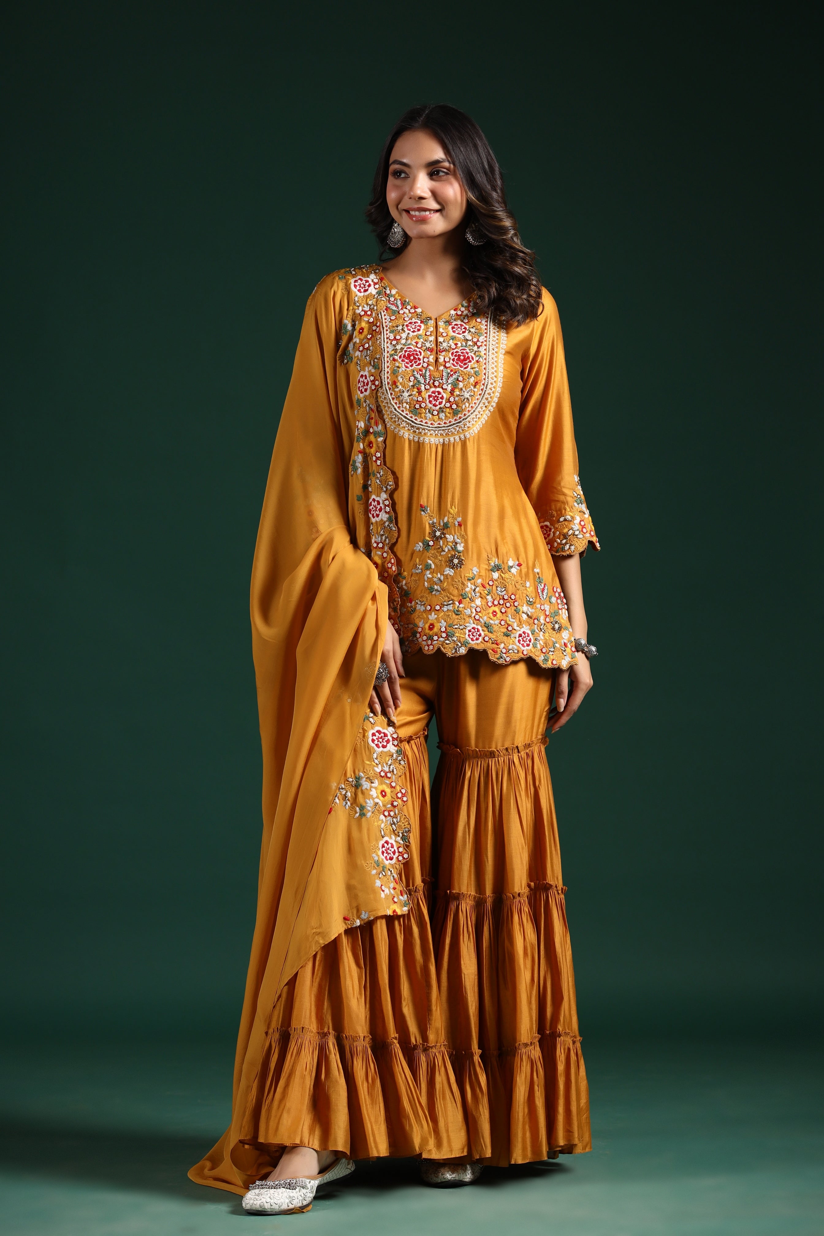 Ochre Yellow Embroidered Sharara Set