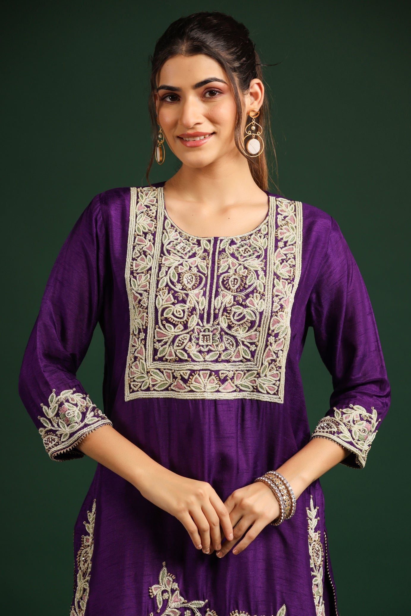 Violet Embellished Dola Silk Palazzo Set