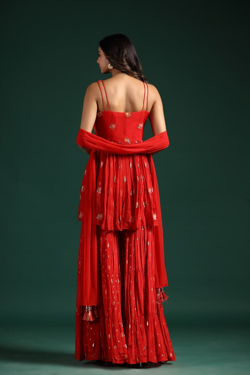 Rose Red Embellished Georgette Brocade Silk Sharara Set