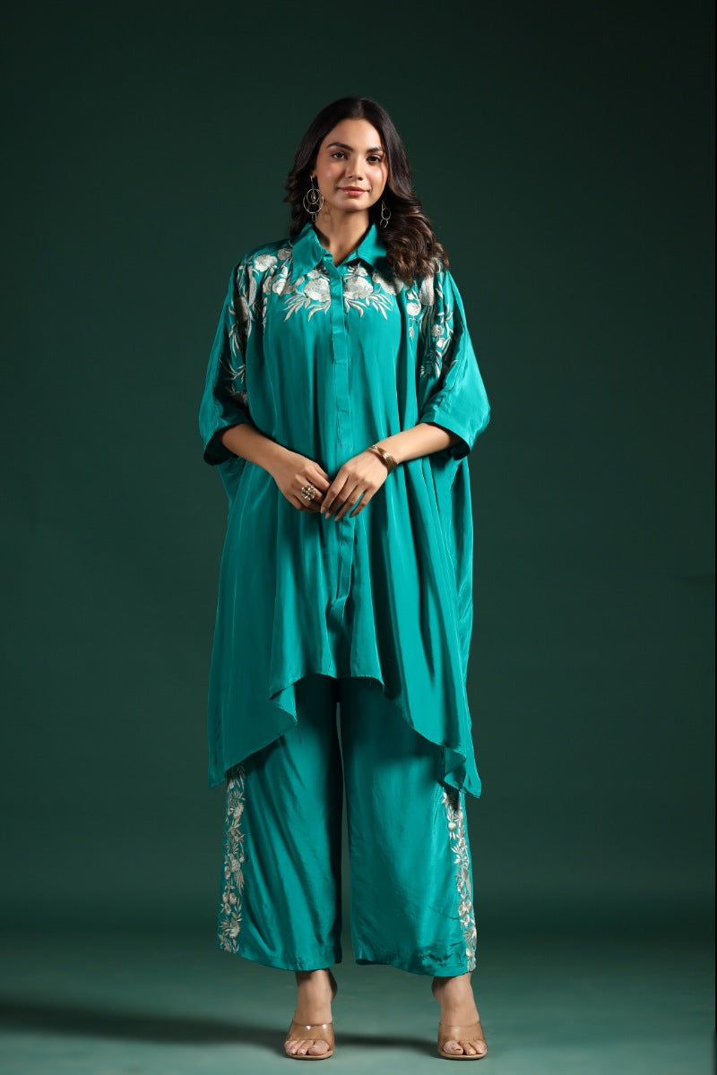 Turquoise Blue Embroidered Habutai Silk Co-Ord Set