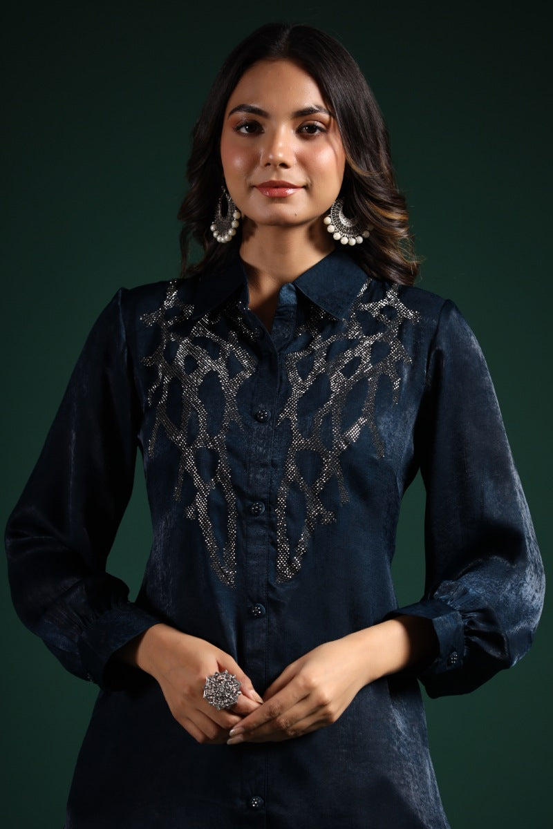 Midnight Blue Embellished Kashmiri Silk Co-Ord Set