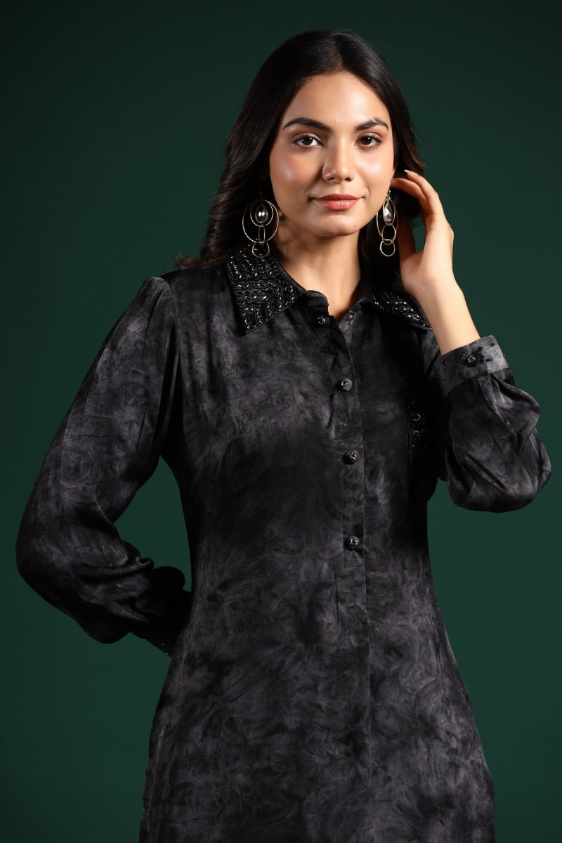 Black Embellished Premium Habutai Silk Pants Set