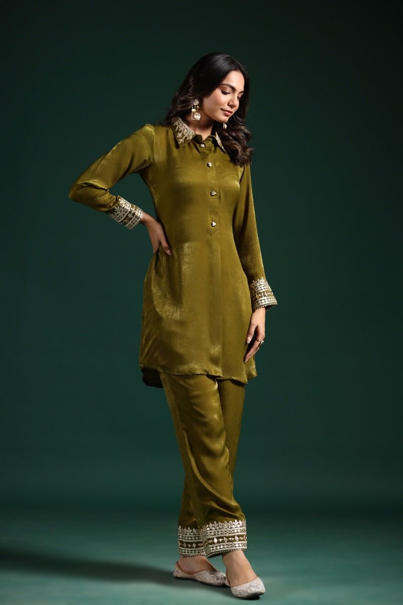 Olive Green Kashmiri Silk Pants Set