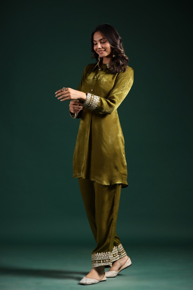 Olive Green Kashmiri Silk Pants Set