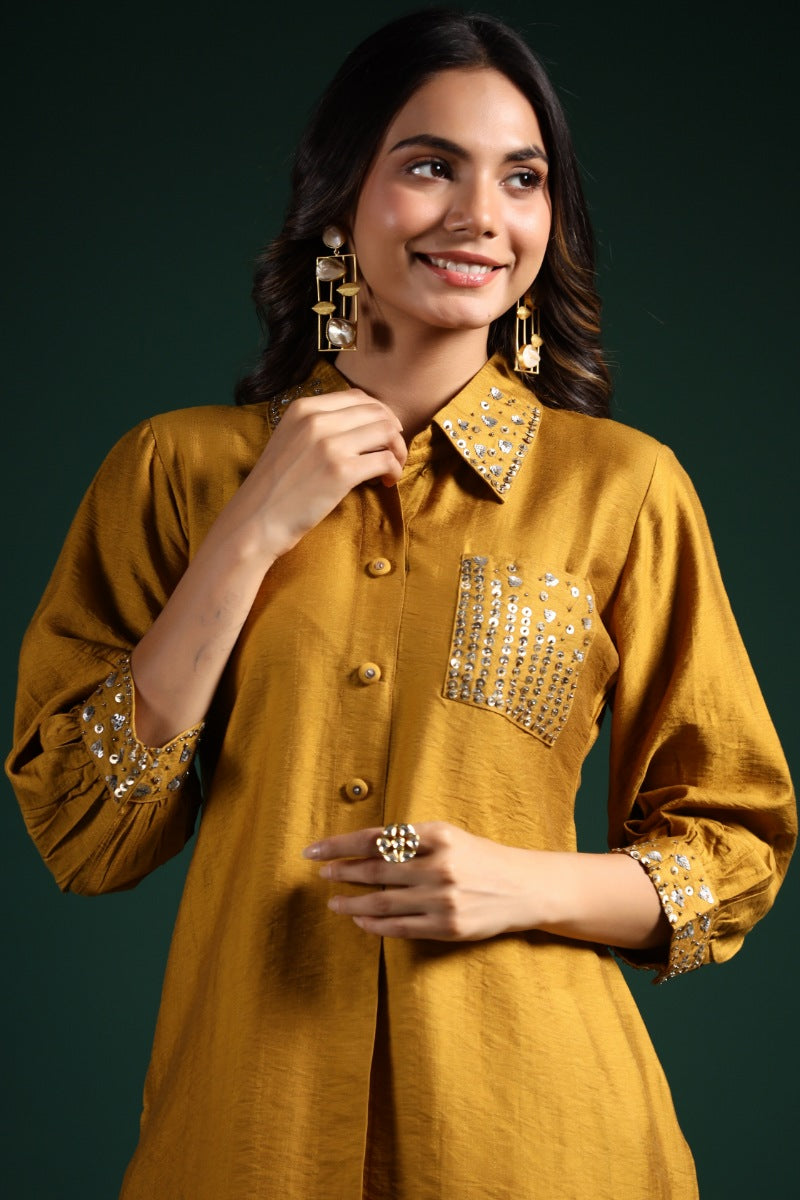 Golden Yellow Embellished Lotus Silk Co-Ord Set