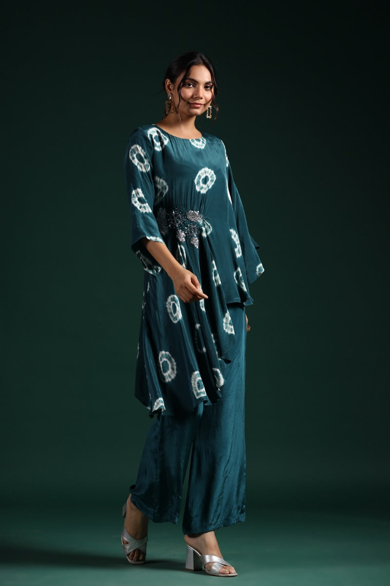 Teal Green Tie Dyed Habutai Silk Co-Ord Set