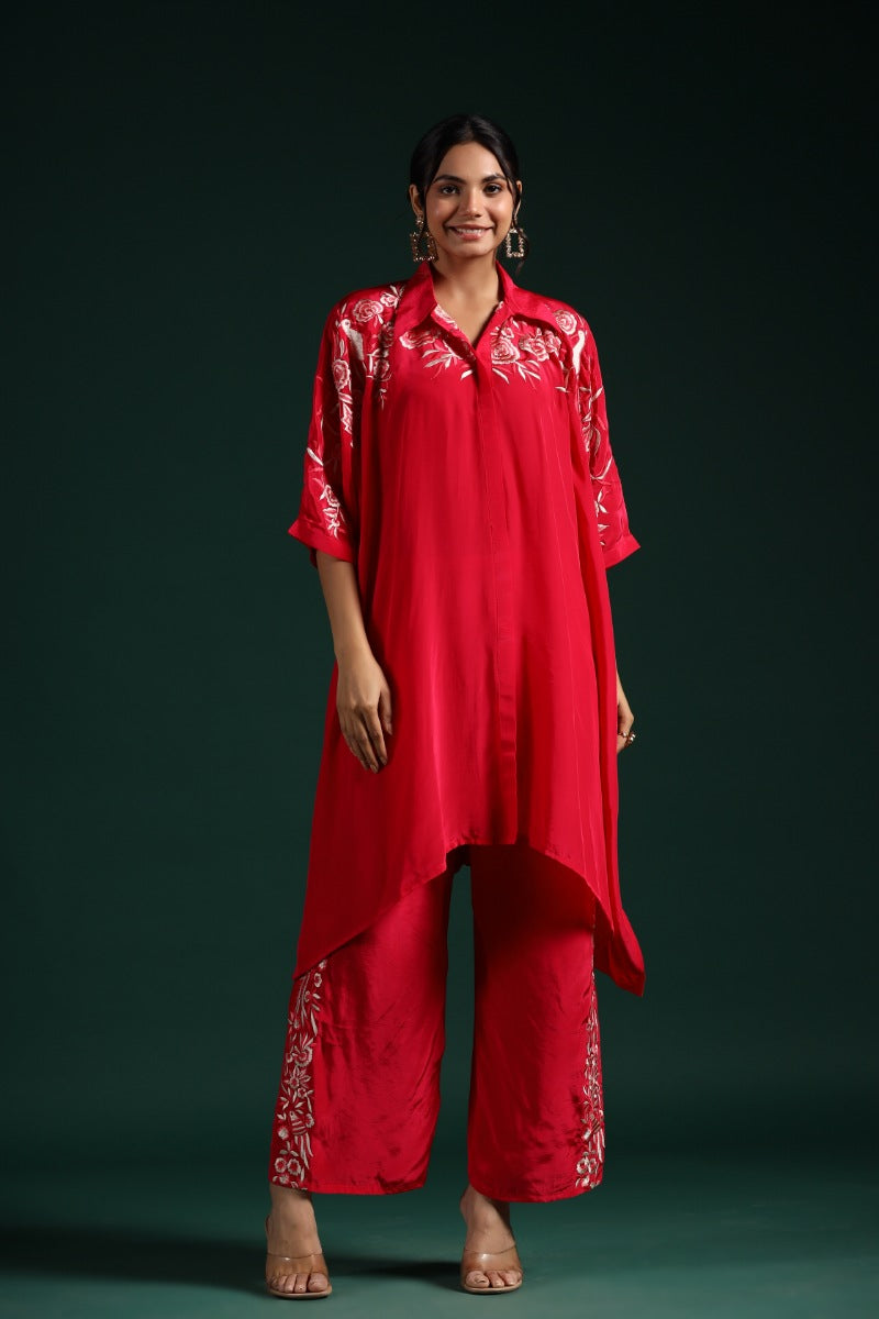 Crimson Red Embroidered Habutai Silk Co-Ord Set