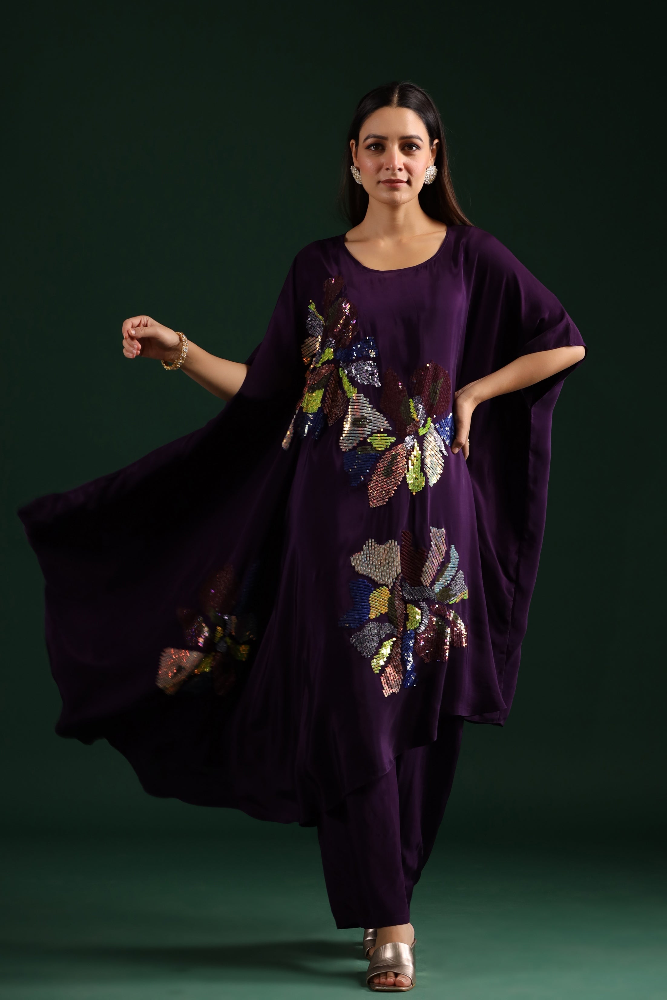 Deep Purple Embellished Asymmetrical Tunic & Pants