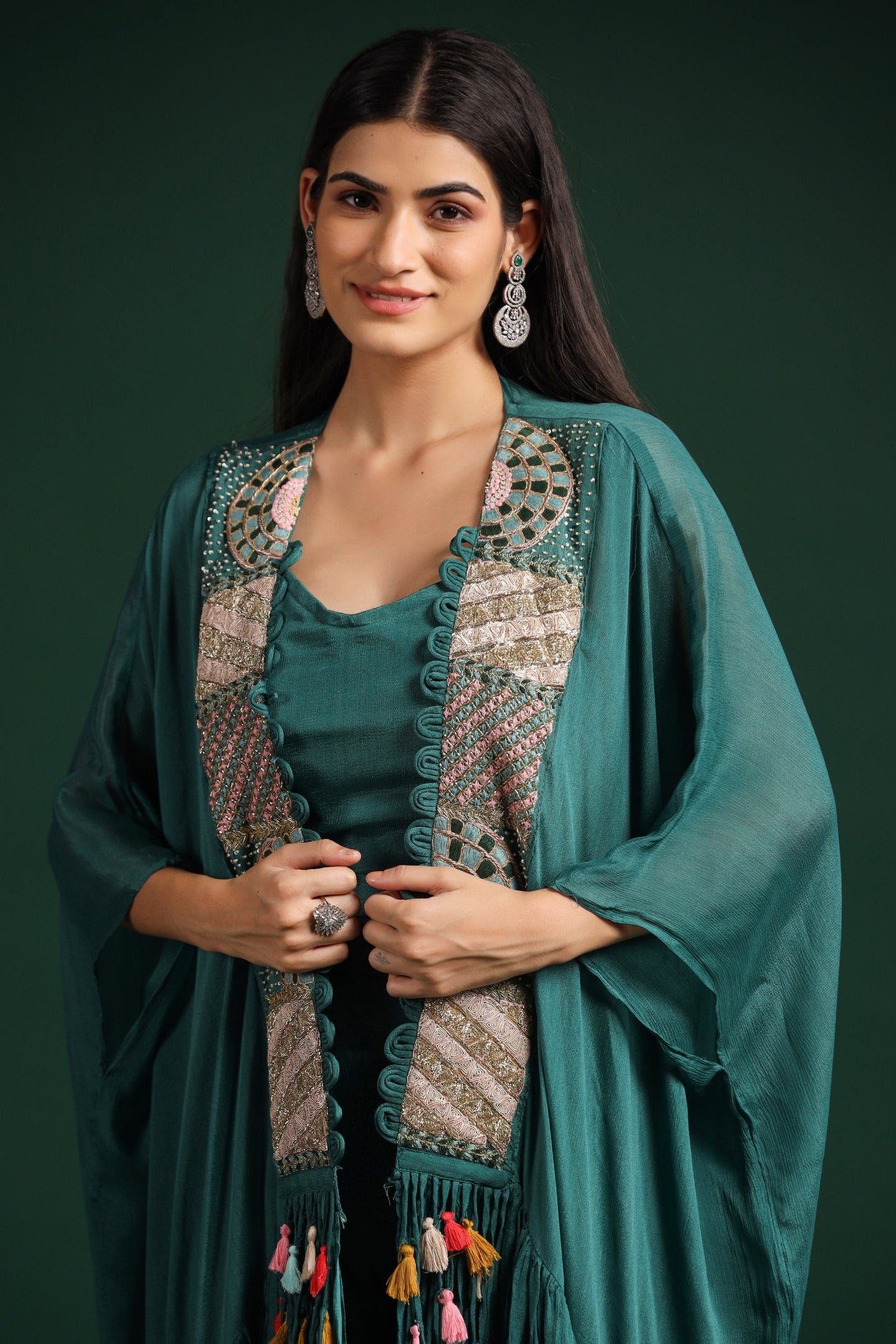 Teal Green Embellished Chinon Silk Cape Set